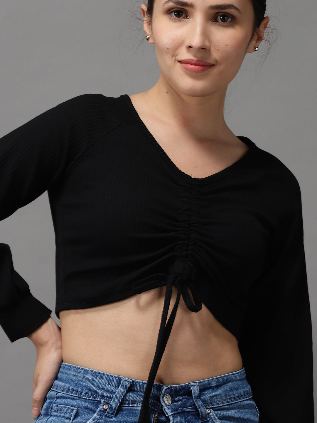 Women V-Neck Solid Black Fitted Top