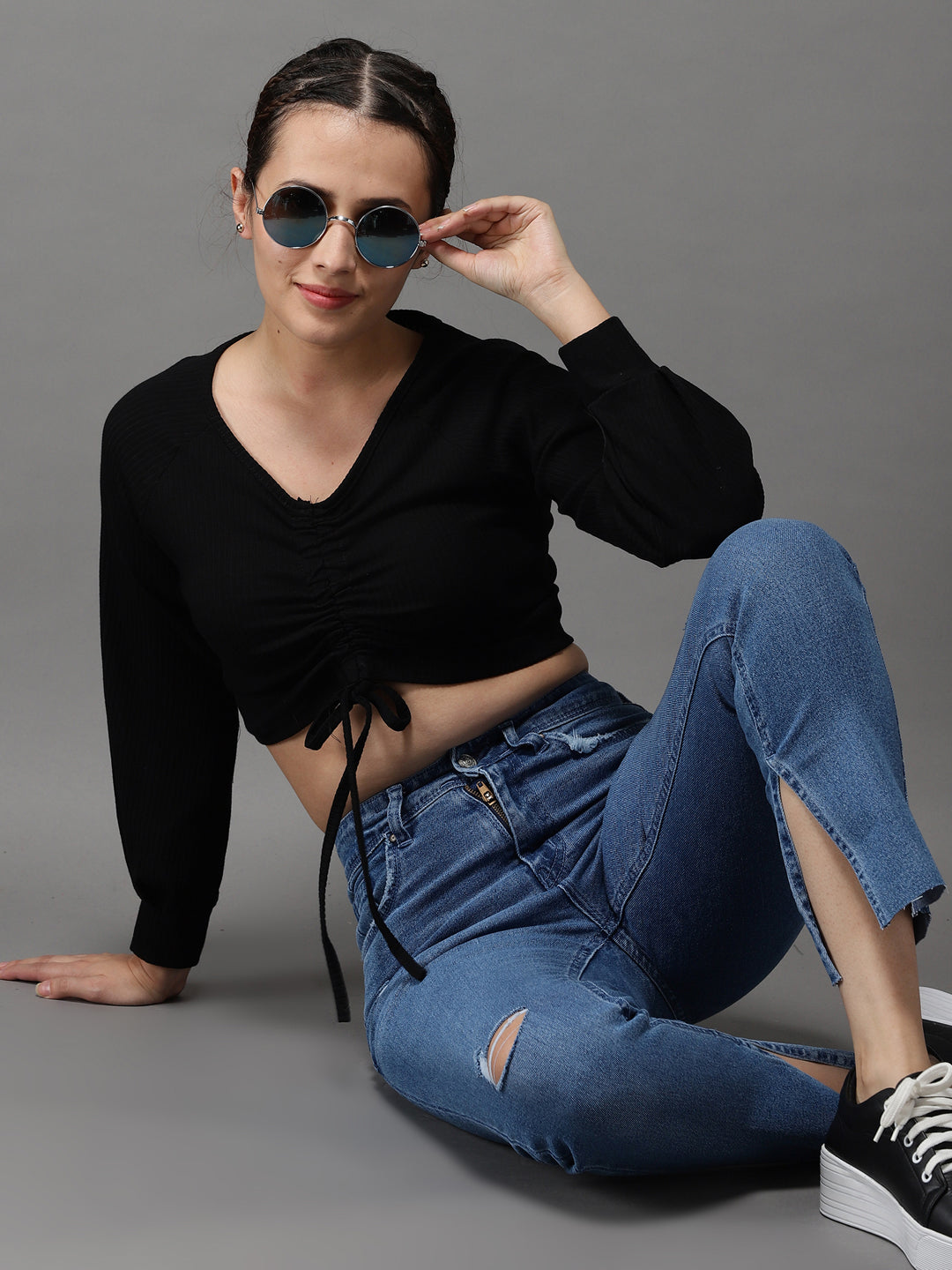 Women V-Neck Solid Black Fitted Top