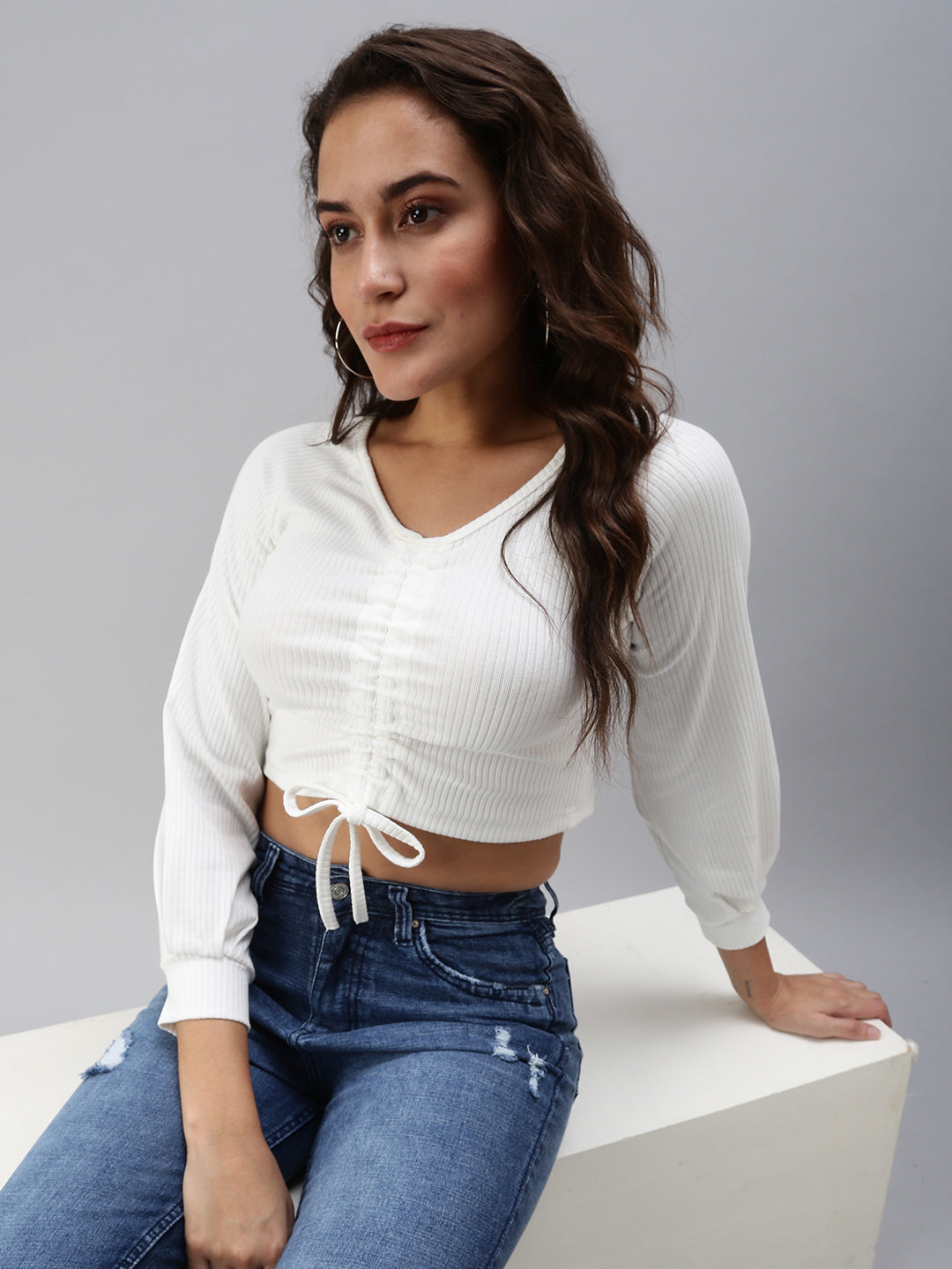 Women Solid Off White Fitted Top