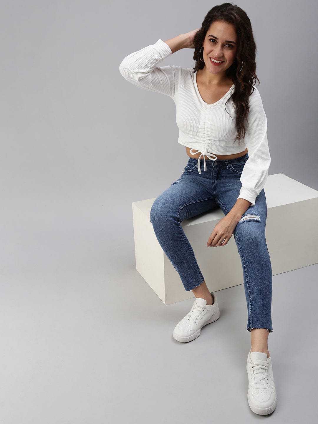 Women's Off White Solid Crop Top