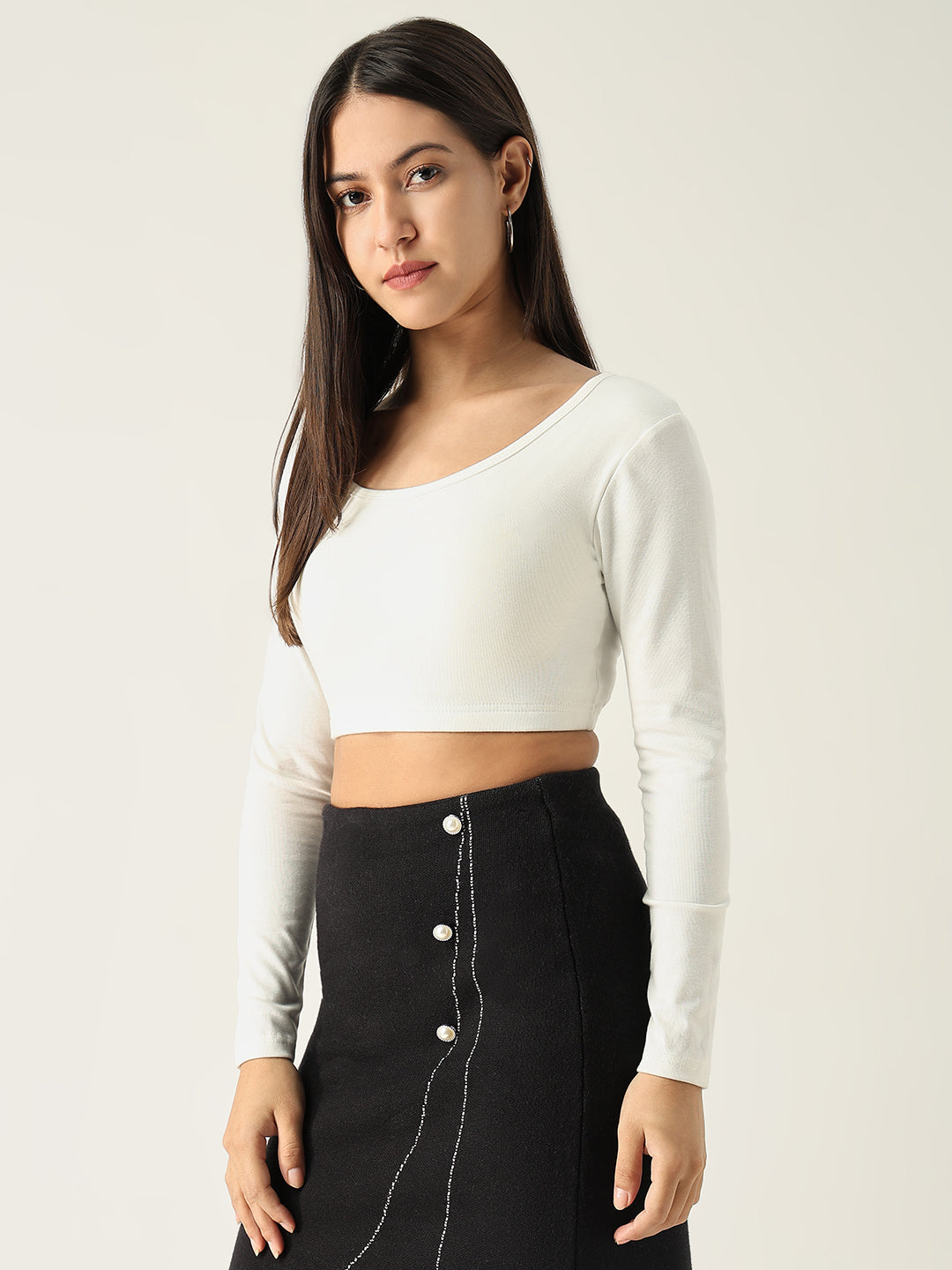Women's Solid Off White Fitted Crop Top