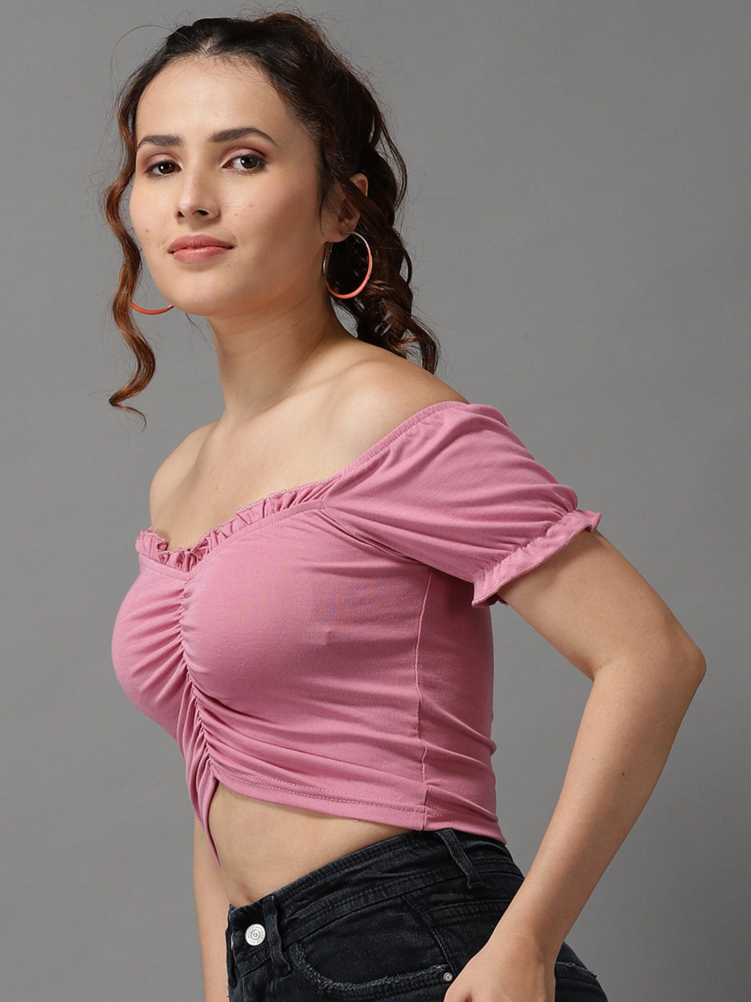 Women Sweetheart Neck Solid Pink Fitted Top