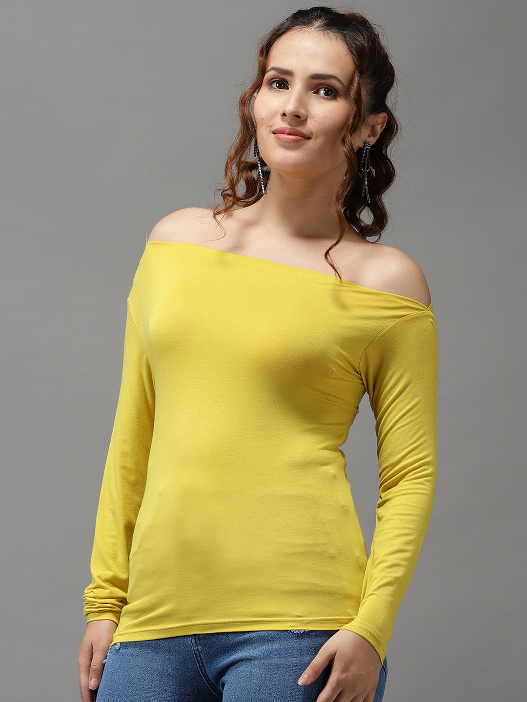 Women One Shoulder Solid Yellow Fitted Top