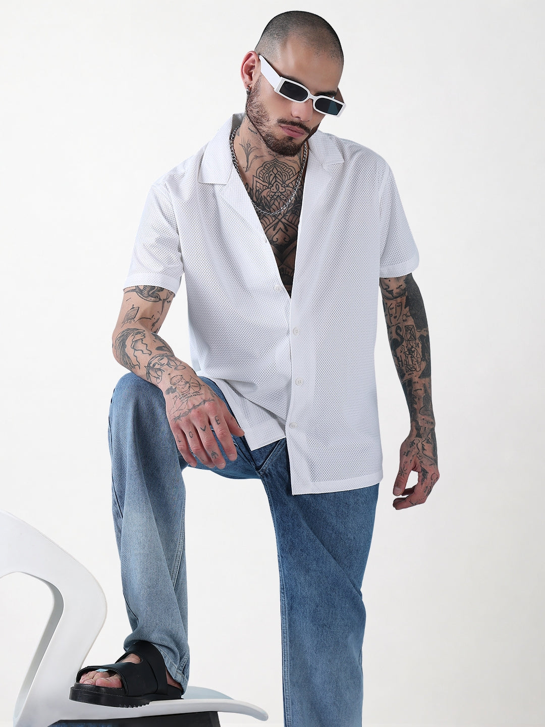 Men's White Solid Cuban Collar Relaxed Fit Semi-Sheer Shirt