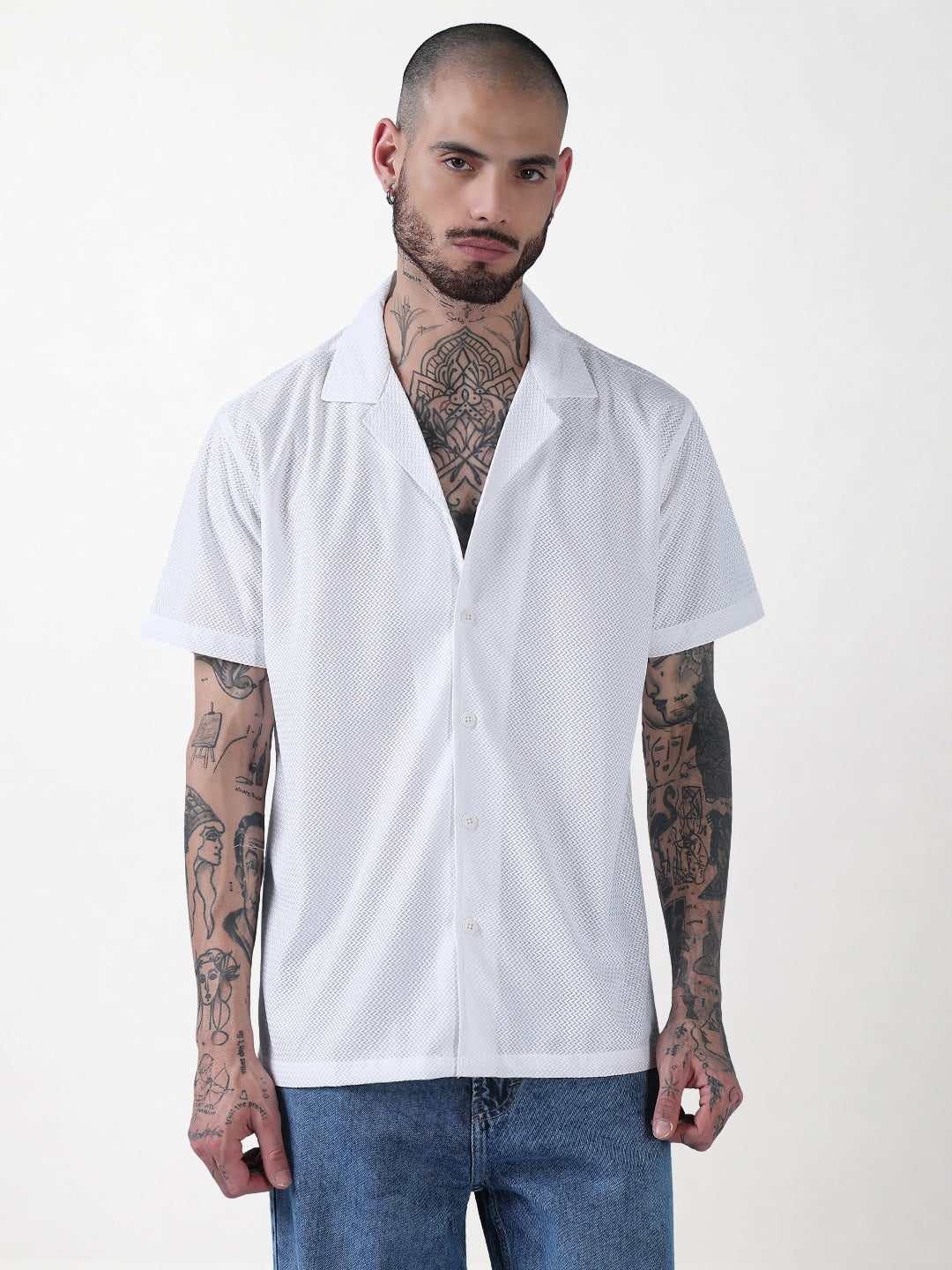Men's White Solid Cuban Collar Relaxed Fit Semi-Sheer Shirt