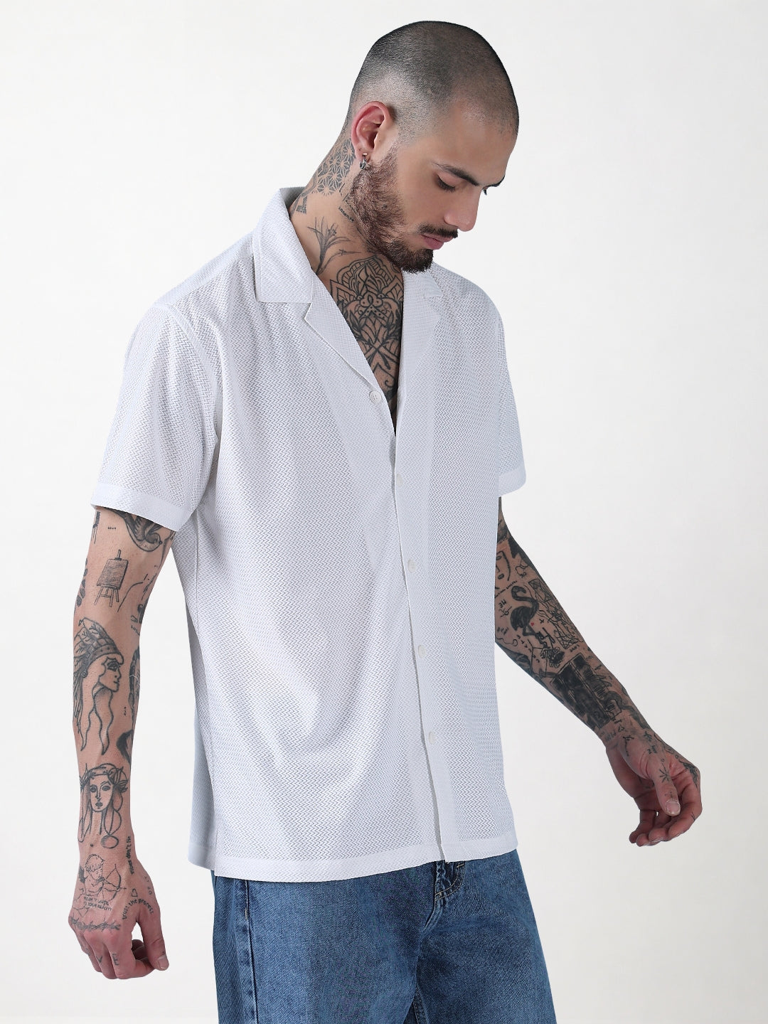 Men's White Solid Cuban Collar Relaxed Fit Semi-Sheer Shirt