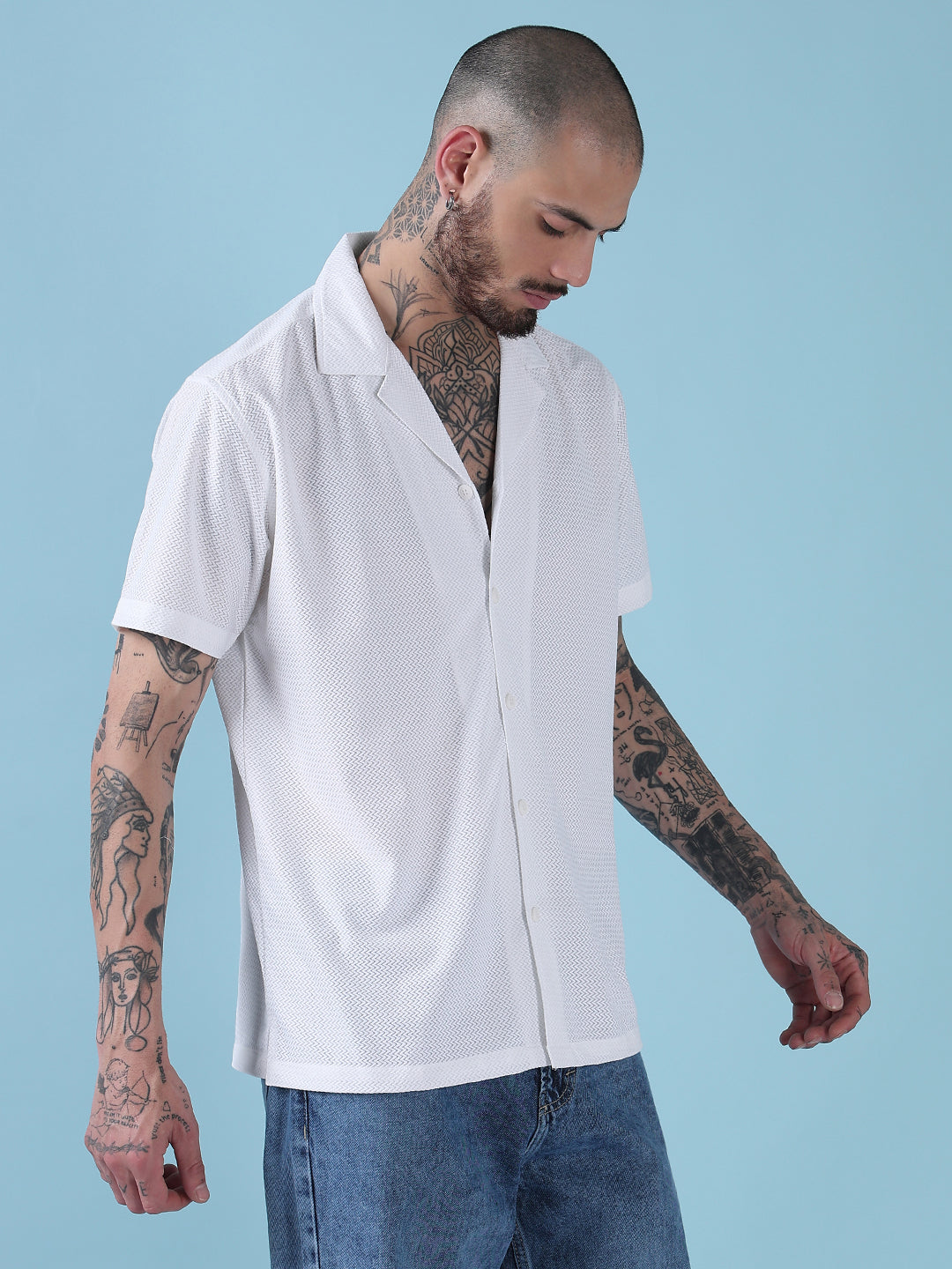 Men's White Solid Cuban Collar Relaxed Fit Semi-Sheer Shirt
