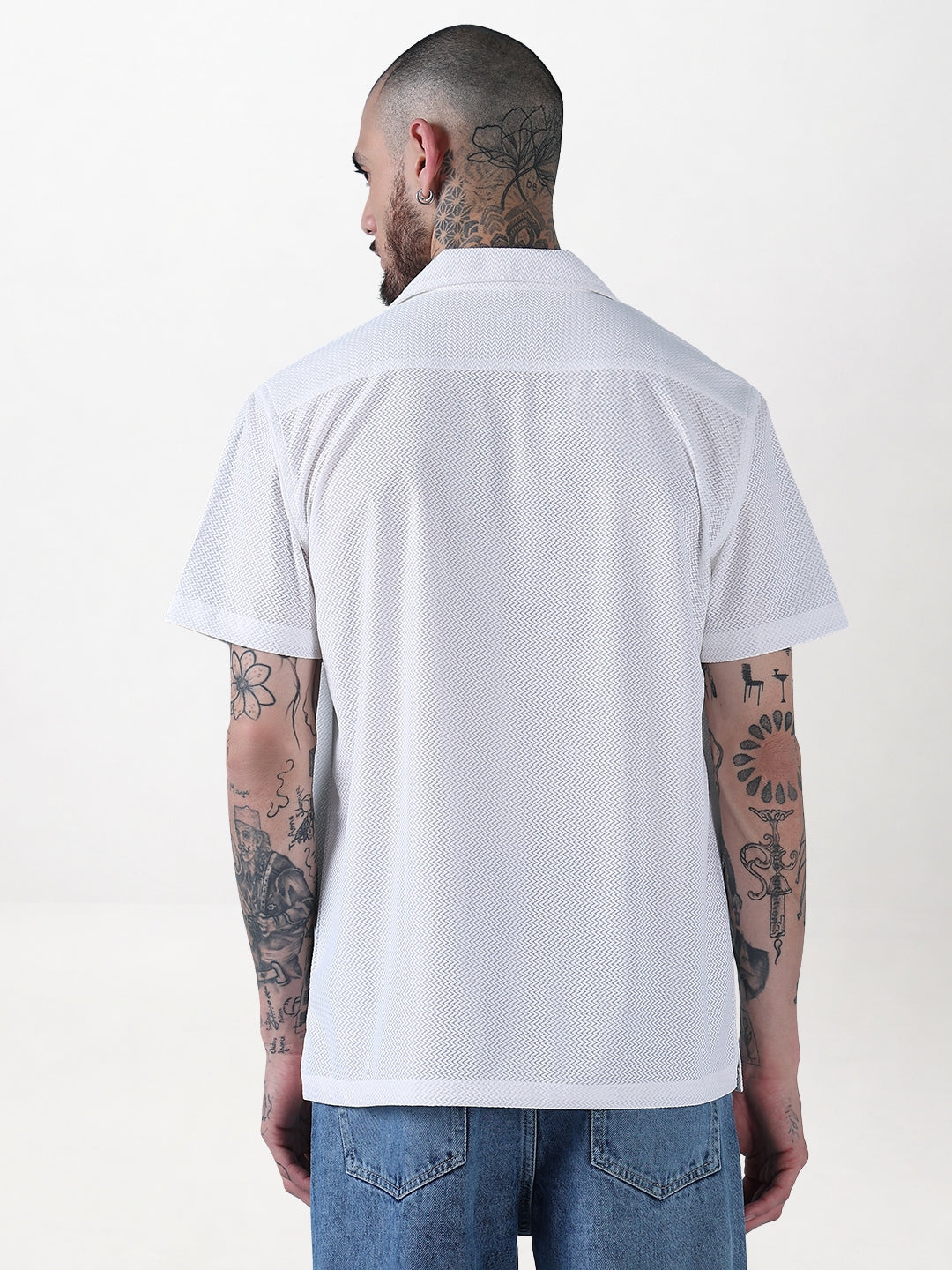 Men's White Solid Cuban Collar Relaxed Fit Semi-Sheer Shirt