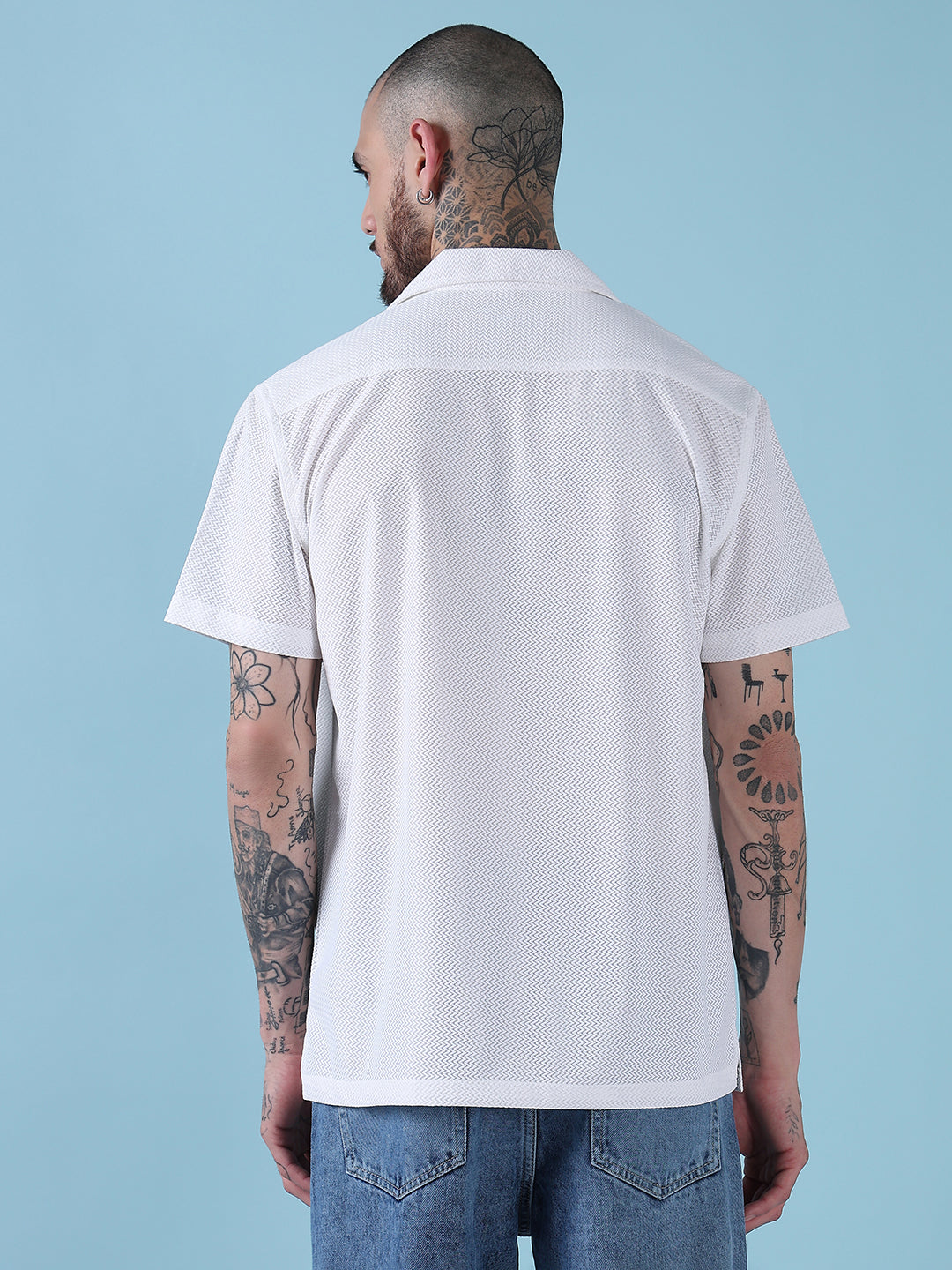 Men's White Solid Cuban Collar Relaxed Fit Semi-Sheer Shirt