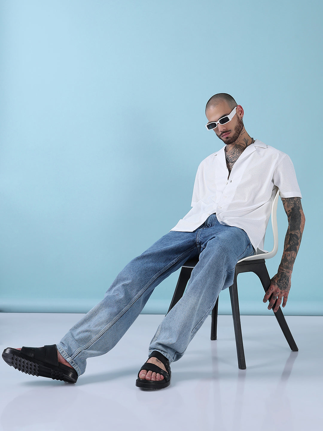 Men's White Solid Cuban Collar Relaxed Fit Semi-Sheer Shirt