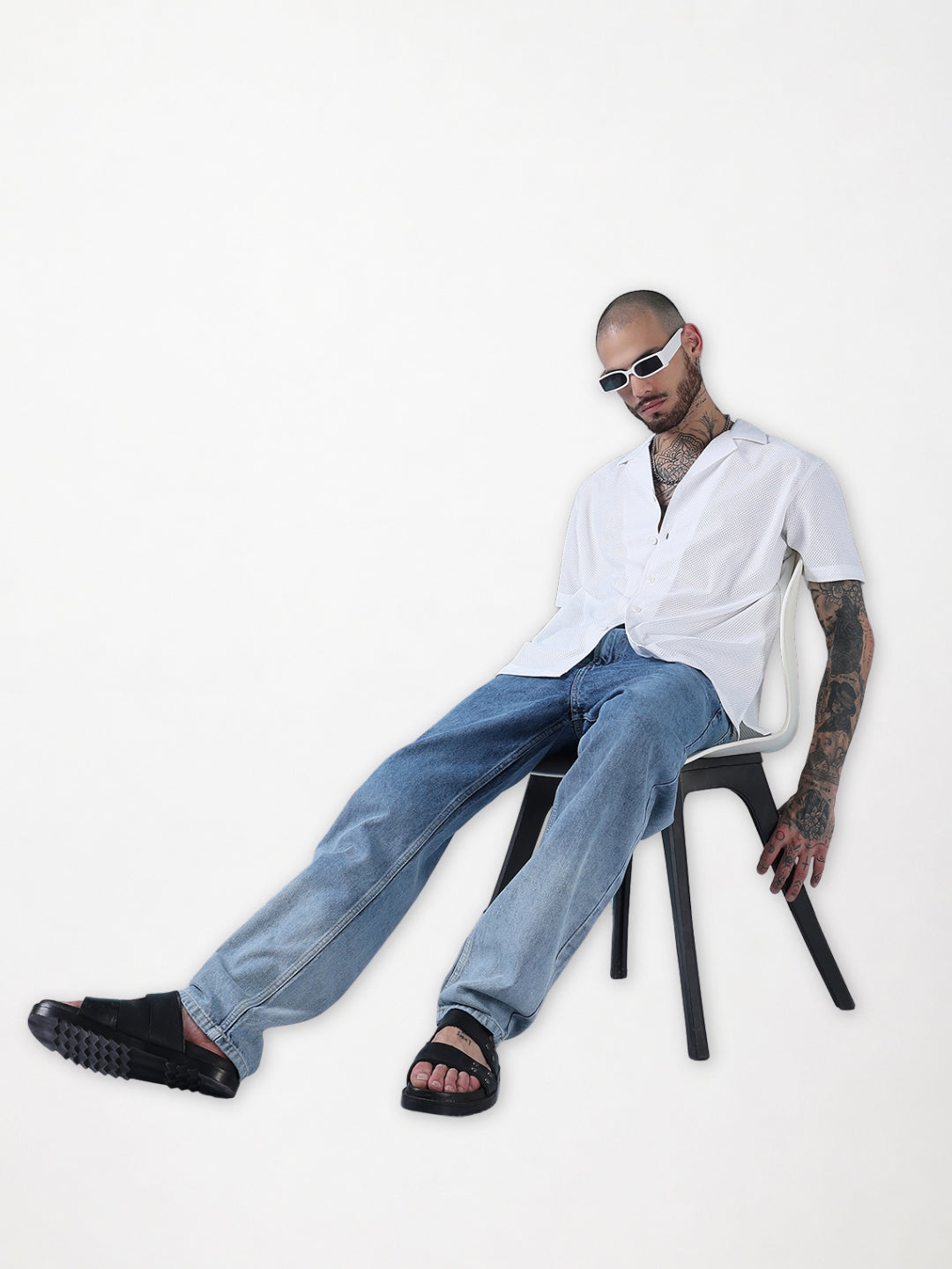 Men's White Solid Cuban Collar Relaxed Fit Semi-Sheer Shirt