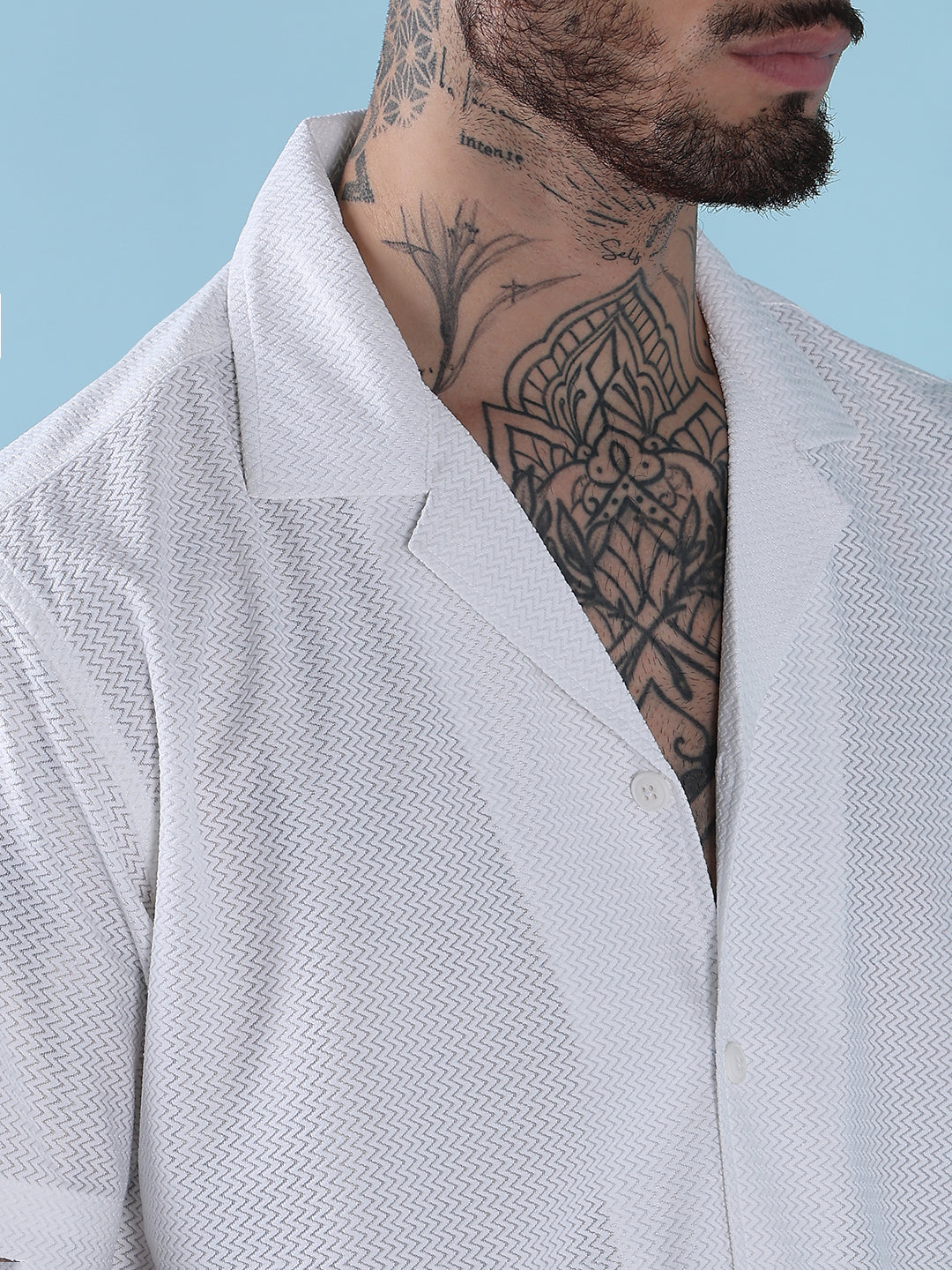 Men's White Solid Cuban Collar Relaxed Fit Semi-Sheer Shirt