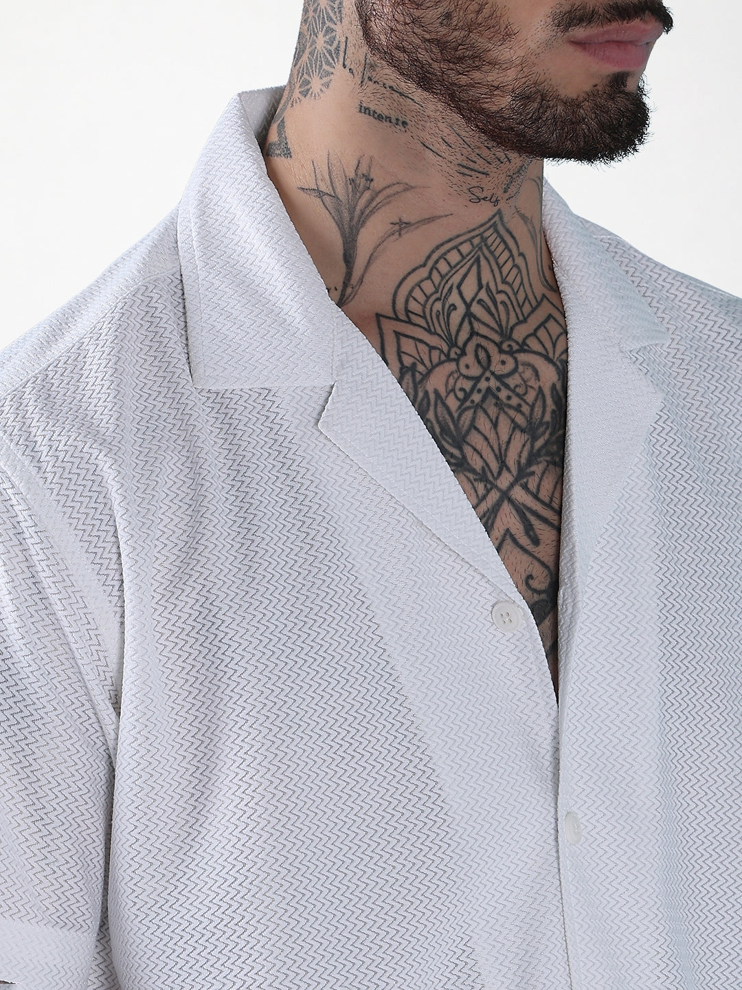 Men's White Solid Cuban Collar Relaxed Fit Semi-Sheer Shirt