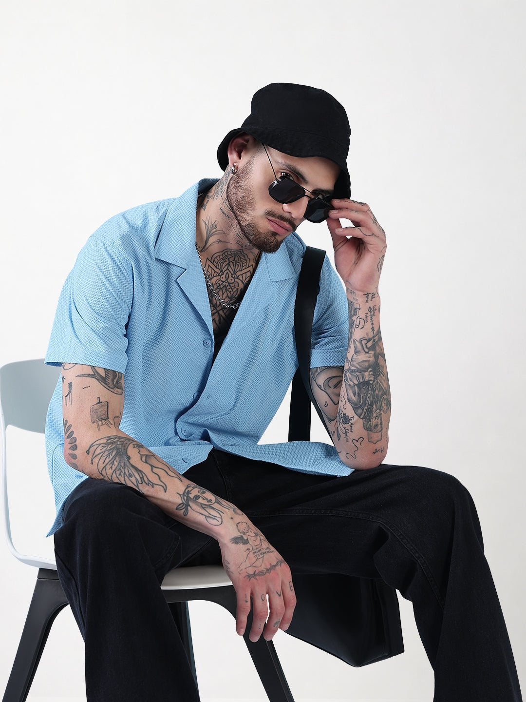 Men's Blue Solid Cuban Collar Relaxed Fit Shirt