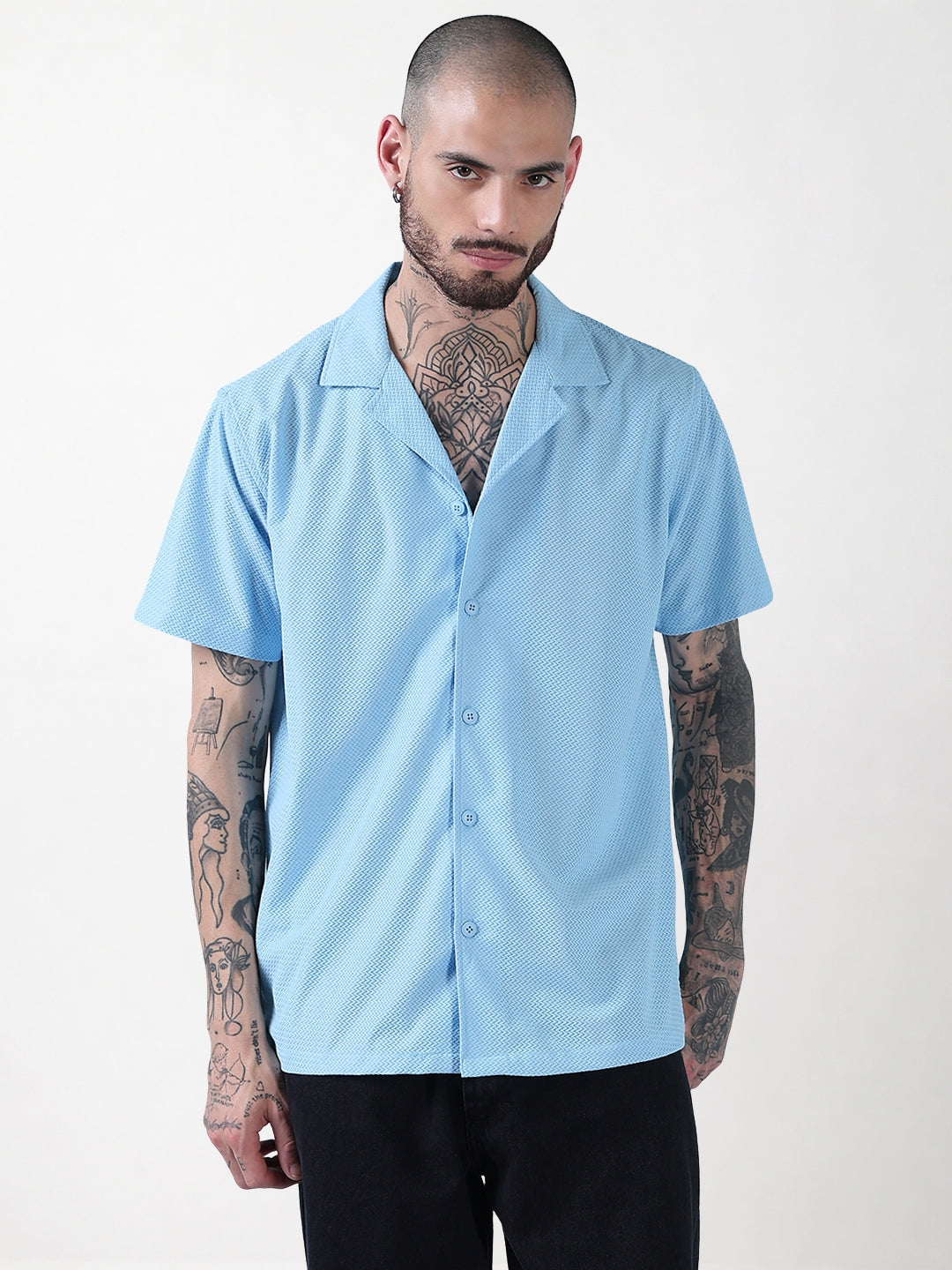 Men's Blue Solid Cuban Collar Relaxed Fit Shirt