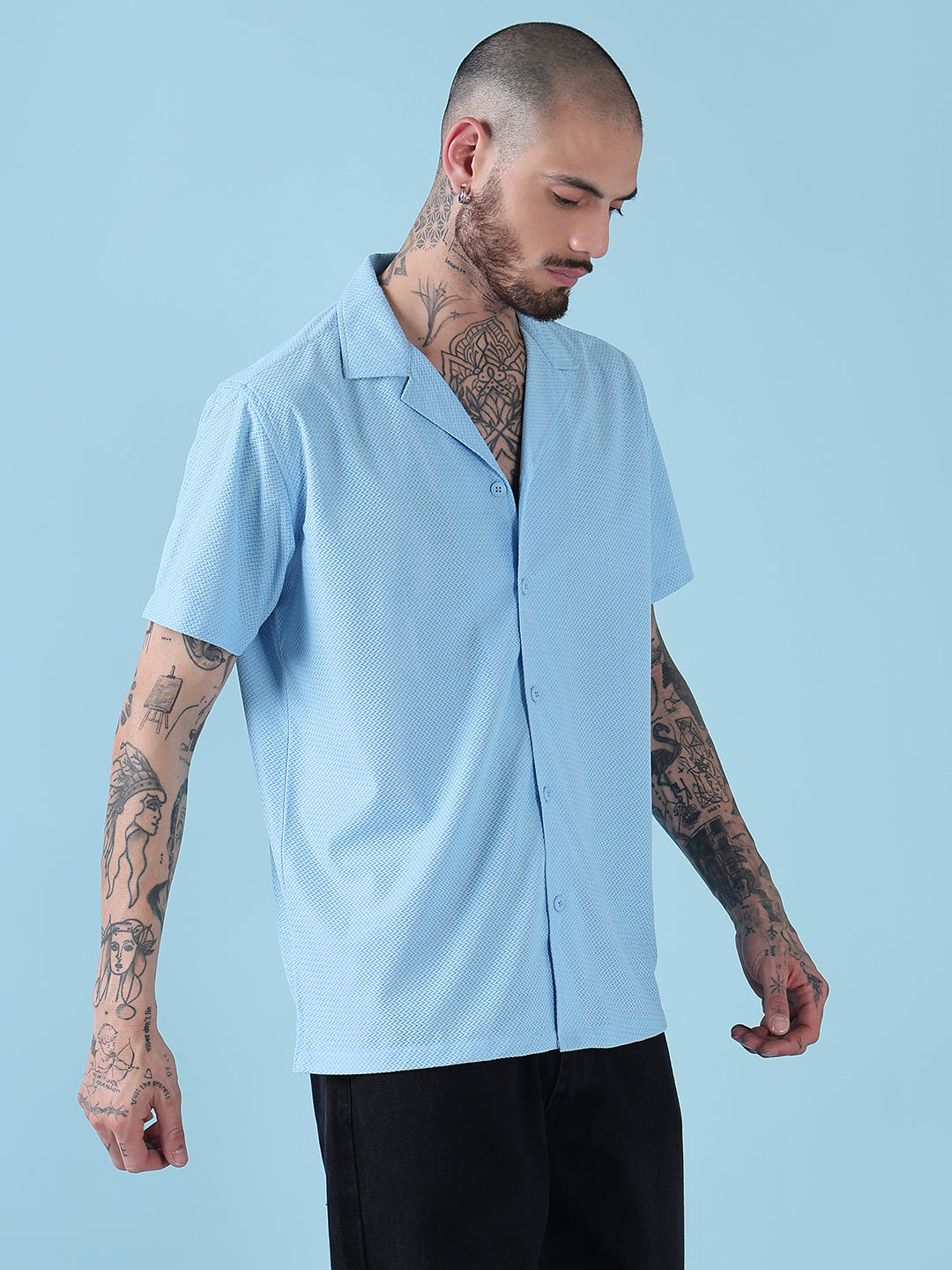 Men's Blue Solid Cuban Collar Relaxed Fit Shirt