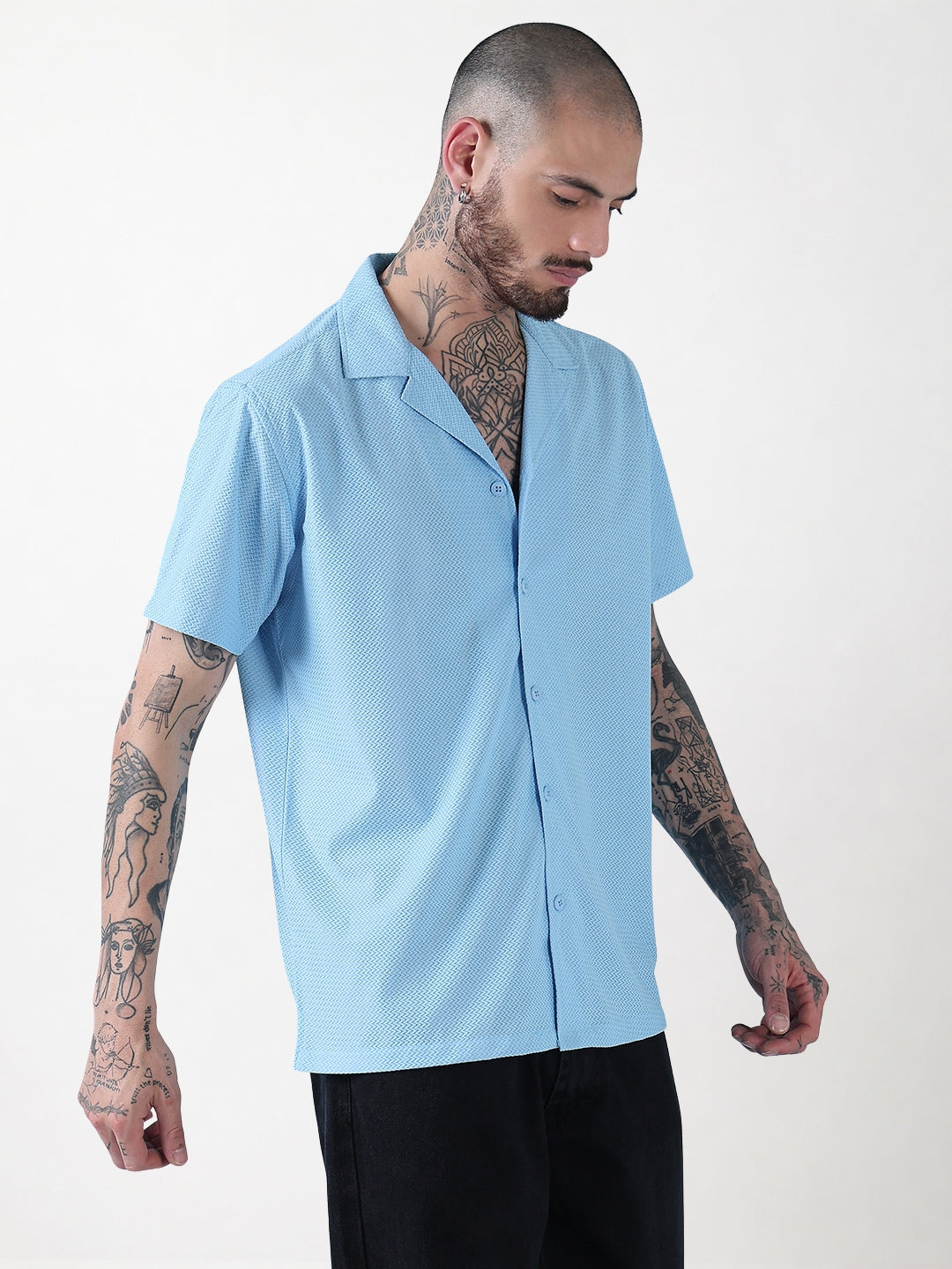 Men's Blue Solid Cuban Collar Relaxed Fit Shirt