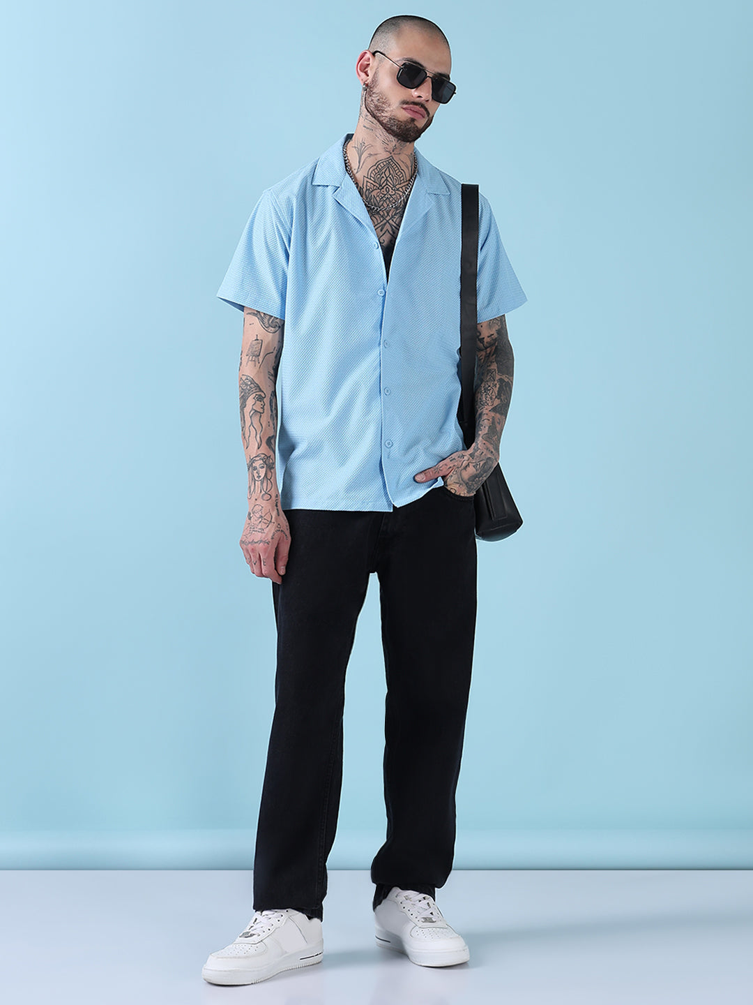 Men's Blue Solid Cuban Collar Relaxed Fit Shirt