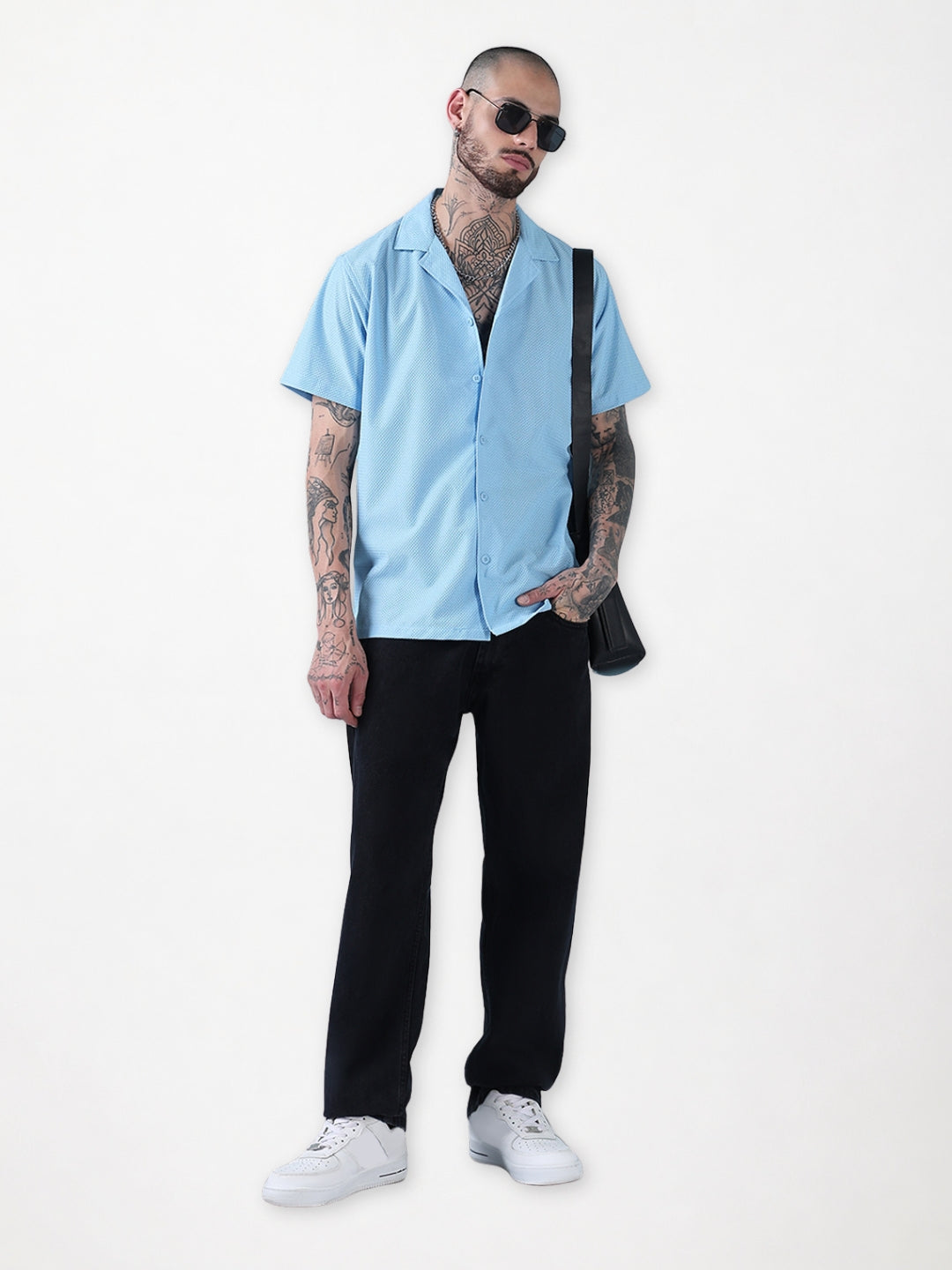 Men's Blue Solid Cuban Collar Relaxed Fit Shirt