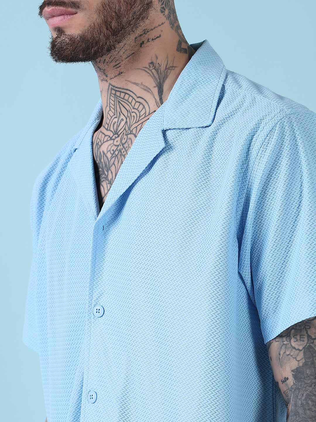 Men's Blue Solid Cuban Collar Relaxed Fit Shirt