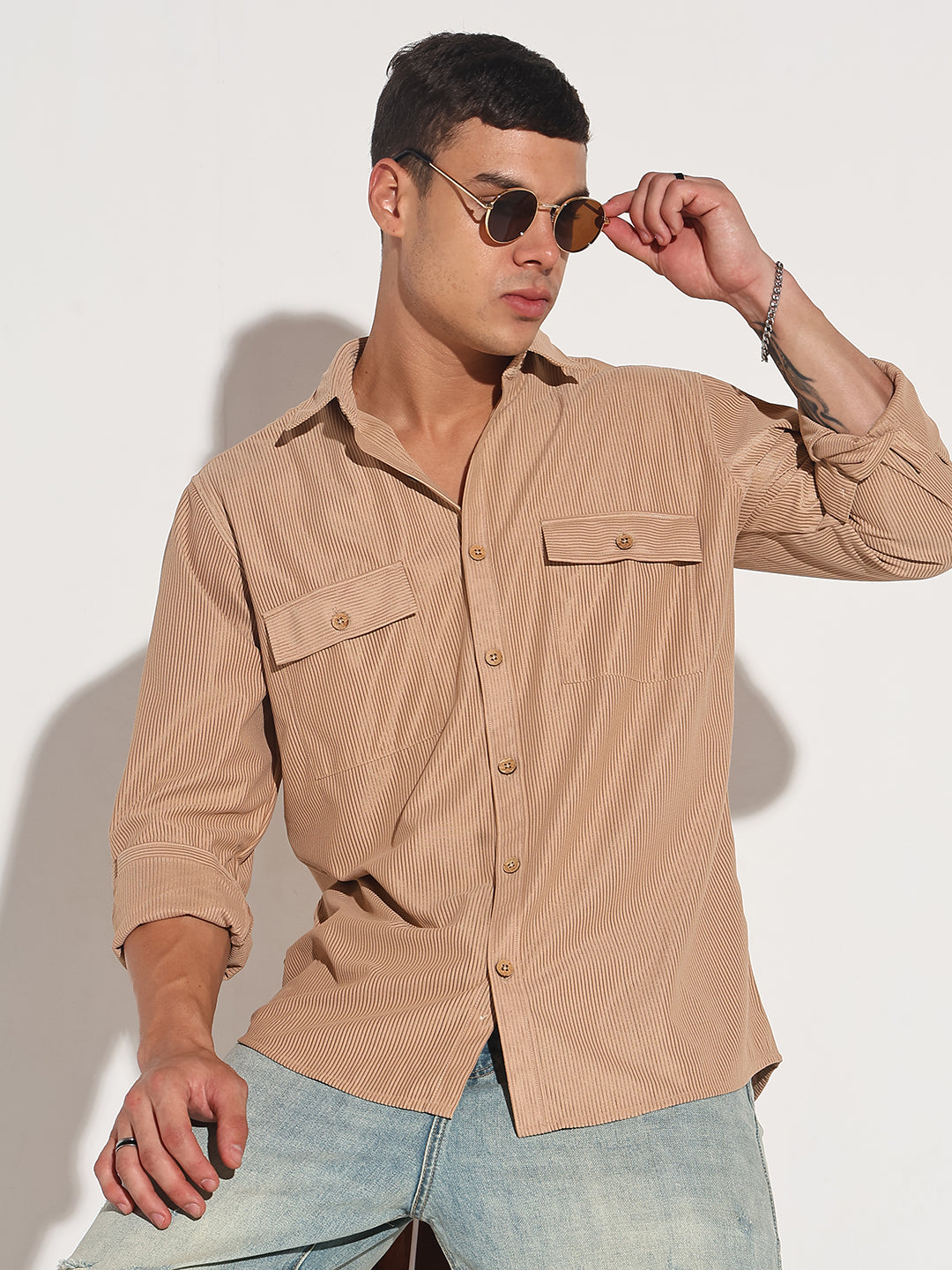 Men's Beige Corduroy Long Sleeve Regular Fit Shirt with Flap Pockets