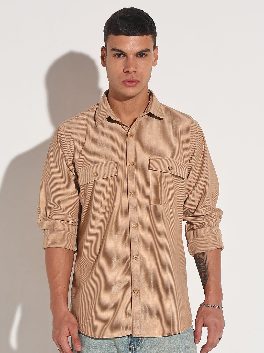 Men's Beige Corduroy Long Sleeve Regular Fit Shirt with Flap Pockets