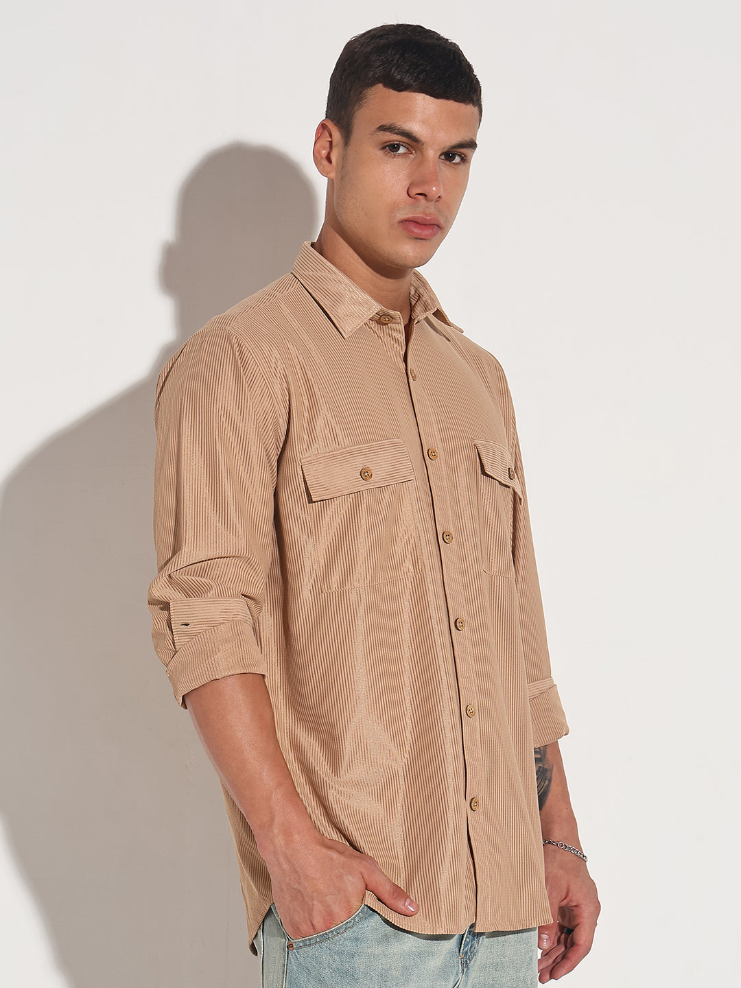 Men's Beige Corduroy Long Sleeve Regular Fit Shirt with Flap Pockets
