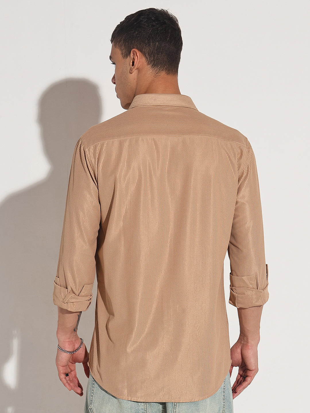 Men's Beige Corduroy Long Sleeve Regular Fit Shirt with Flap Pockets
