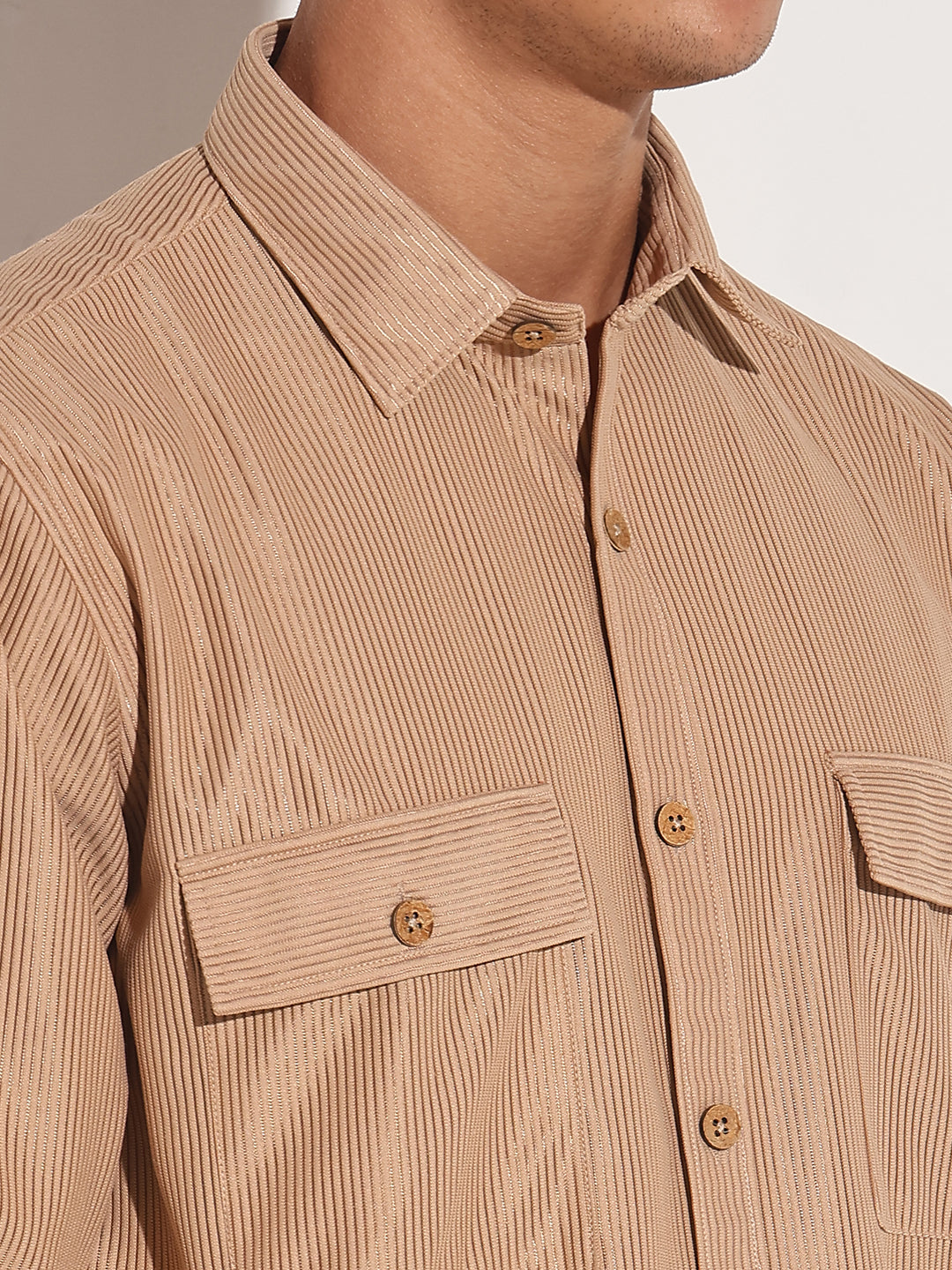 Men's Beige Corduroy Long Sleeve Regular Fit Shirt with Flap Pockets