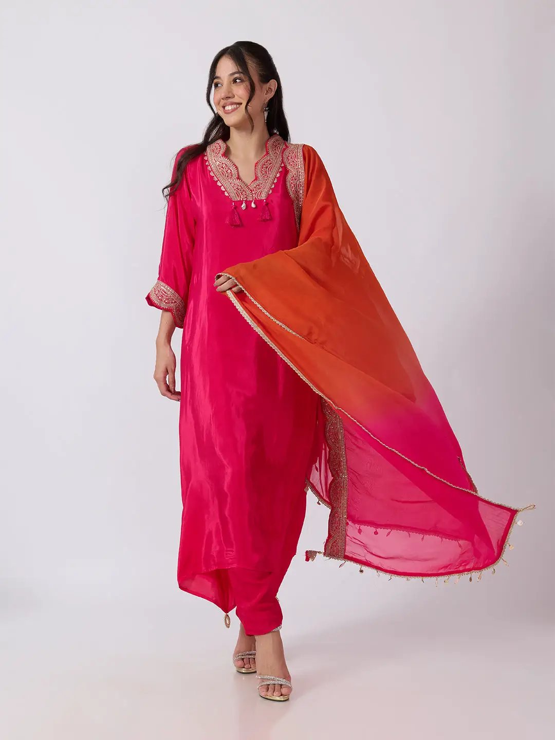 Women's Pink Embellished Scalloped Neck Kurta Pant Set with Ombre Dupatta