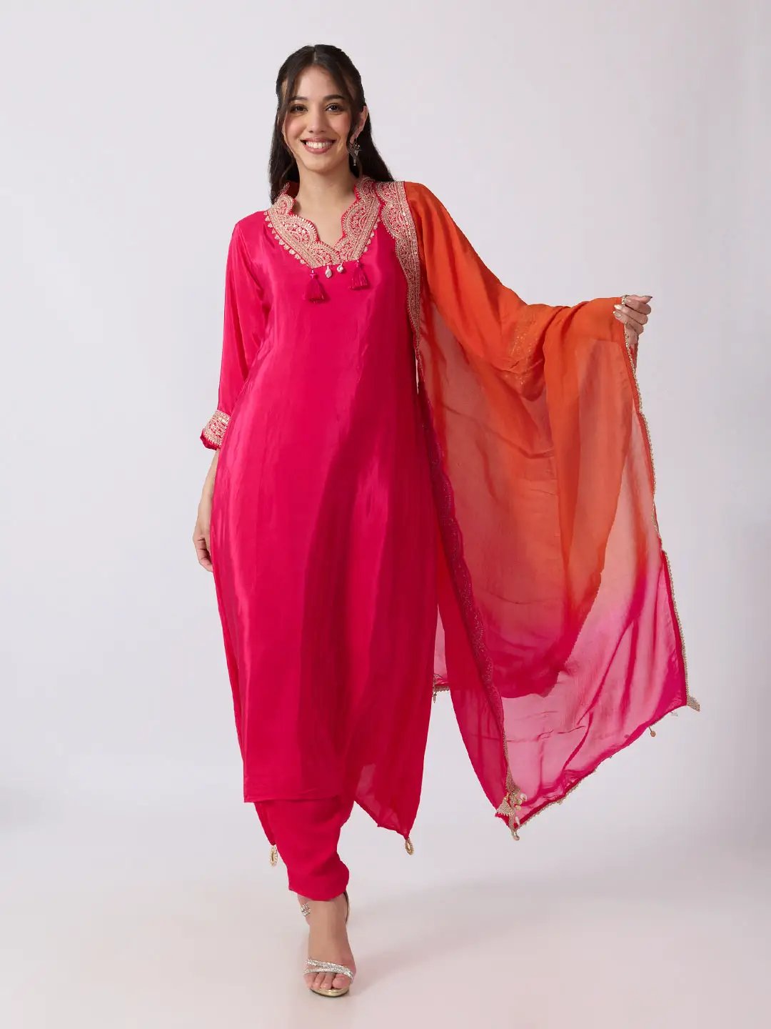 Women's Pink Embellished Scalloped Neck Kurta Pant Set with Ombre Dupatta
