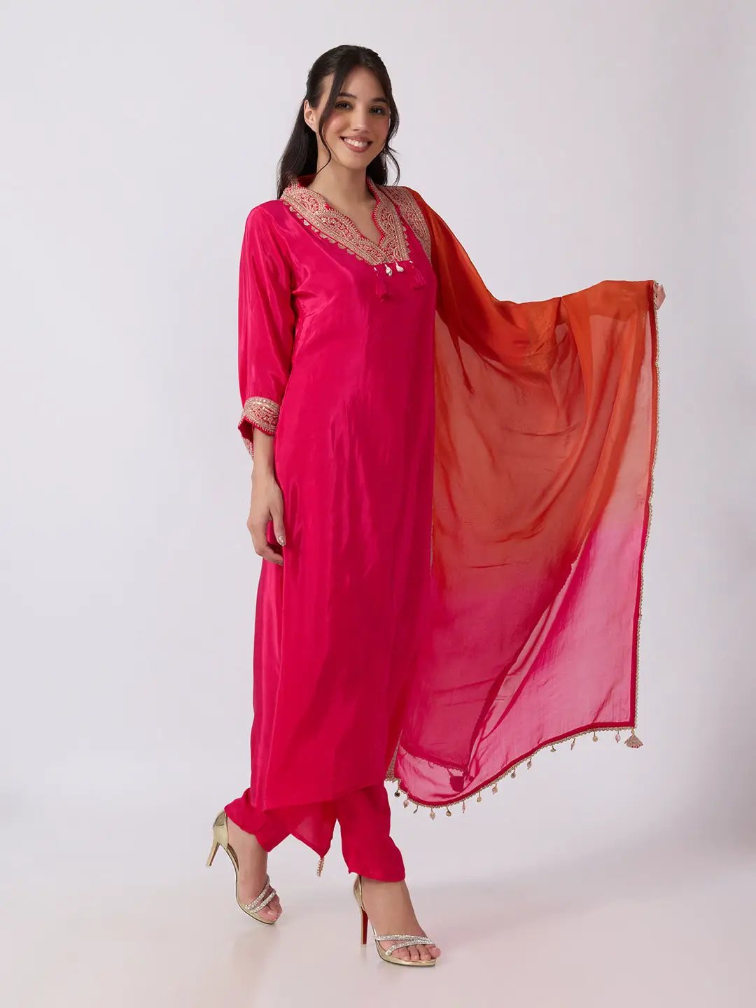 Women's Pink Embellished Scalloped Neck Kurta Pant Set with Ombre Dupatta