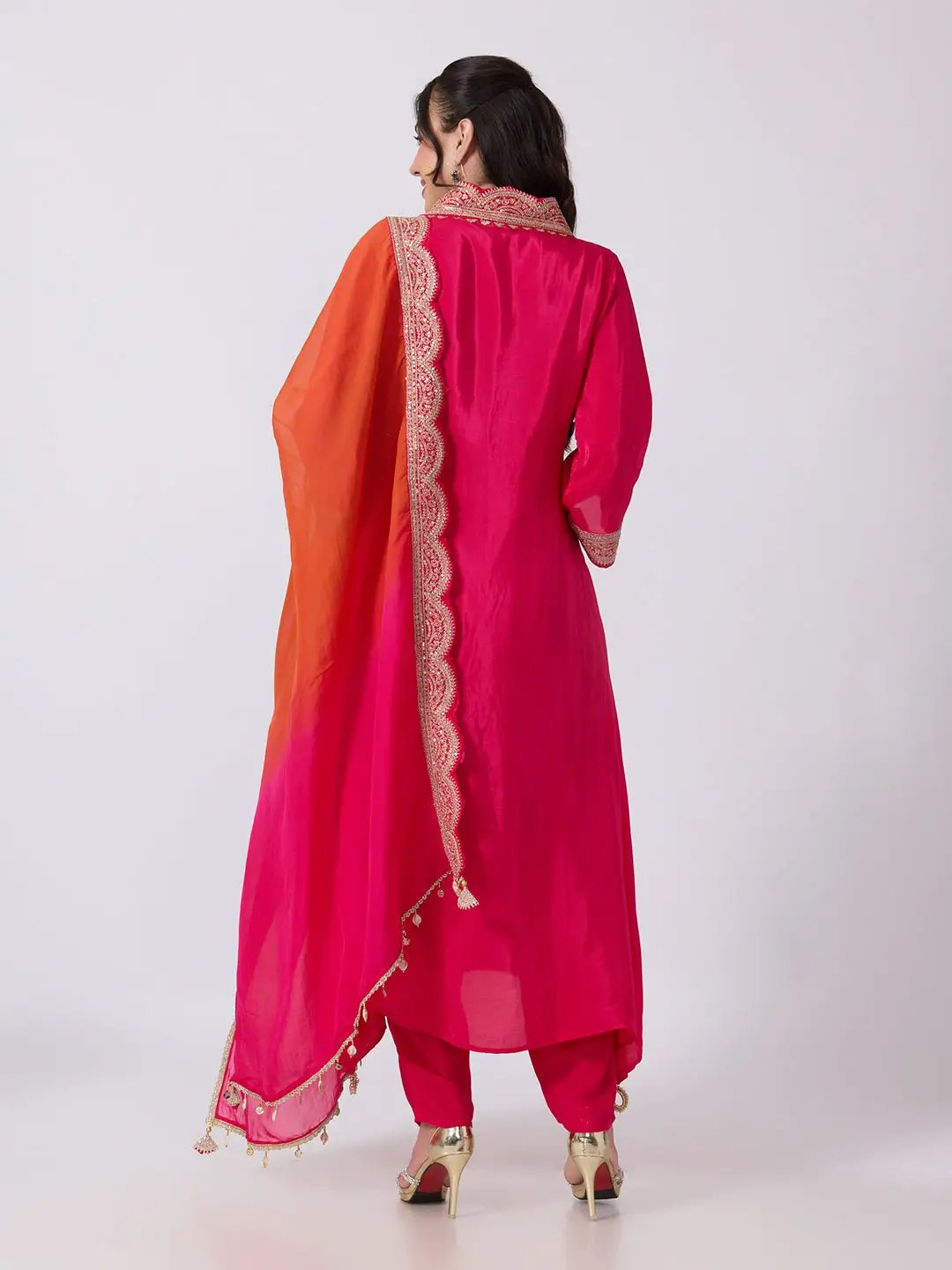 Women's Pink Embellished Scalloped Neck Kurta Pant Set with Ombre Dupatta