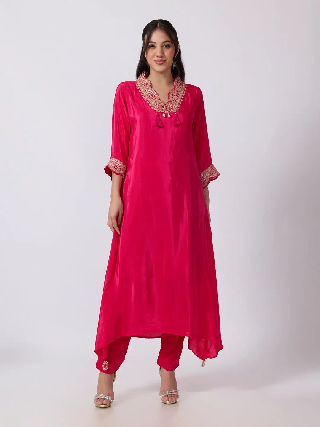 Women's Pink Embellished Scalloped Neck Kurta Pant Set with Ombre Dupatta