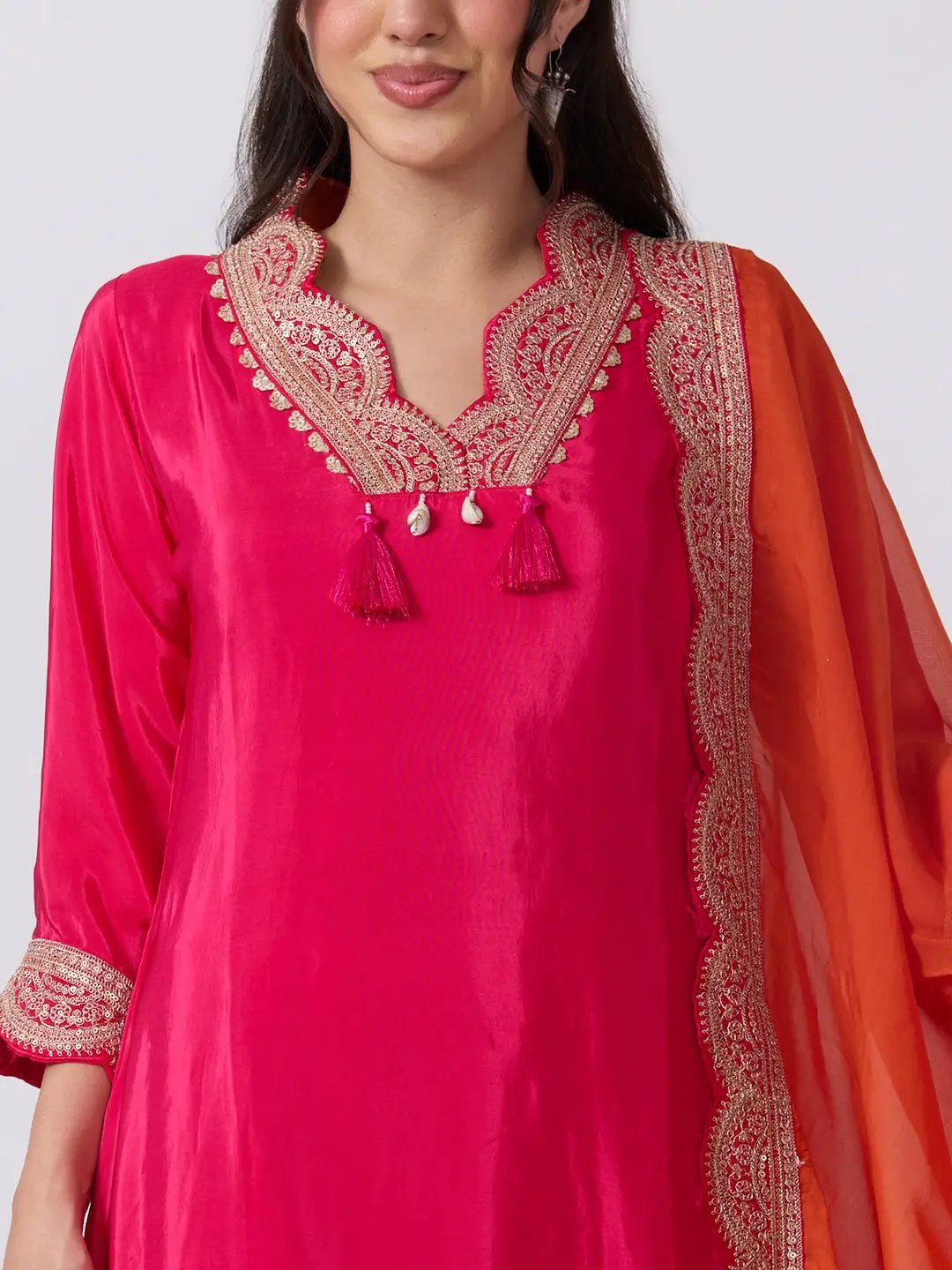 Women's Pink Embellished Scalloped Neck Kurta Pant Set with Ombre Dupatta