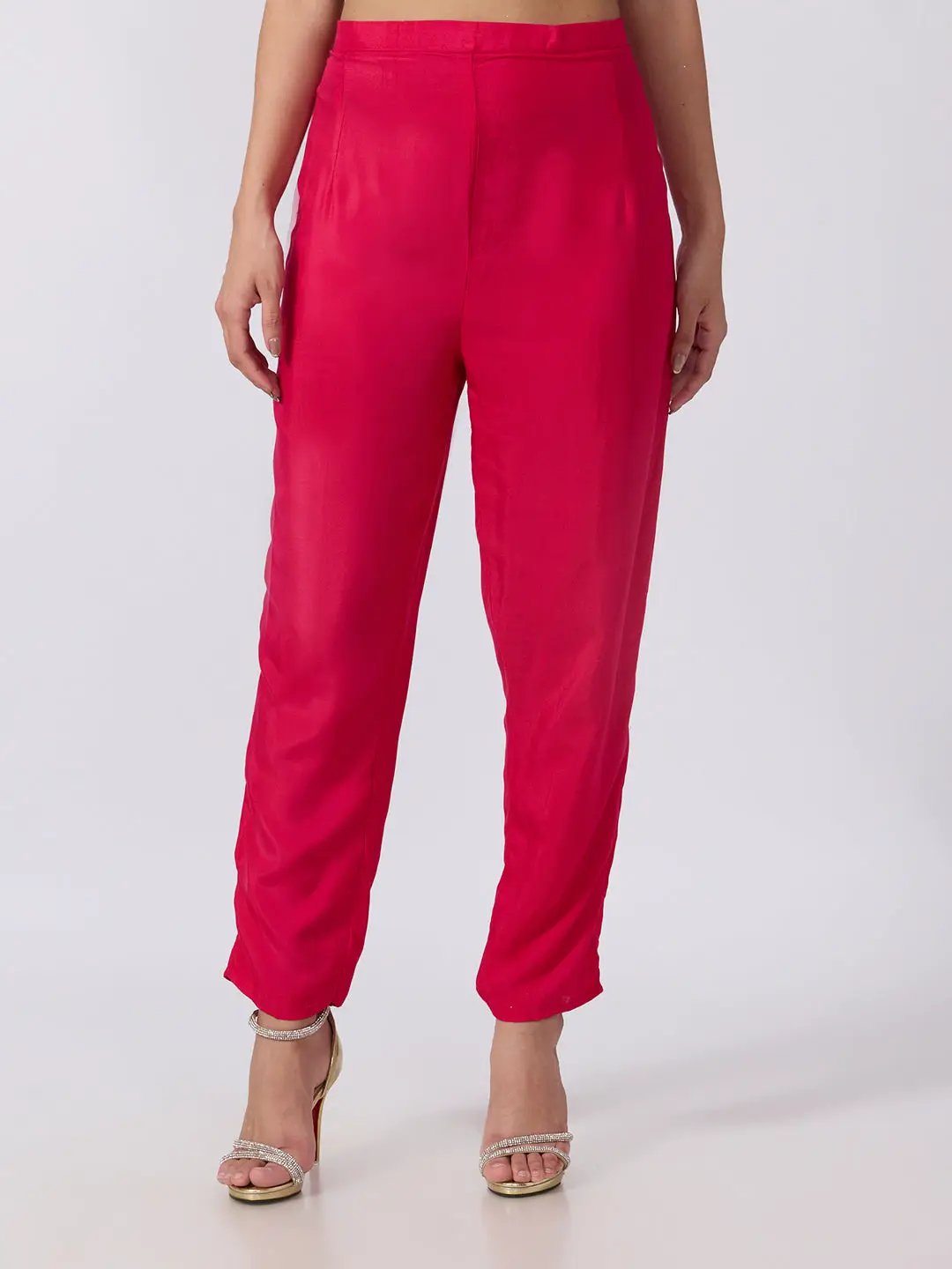 Women's Pink Embellished Scalloped Neck Kurta Pant Set with Ombre Dupatta