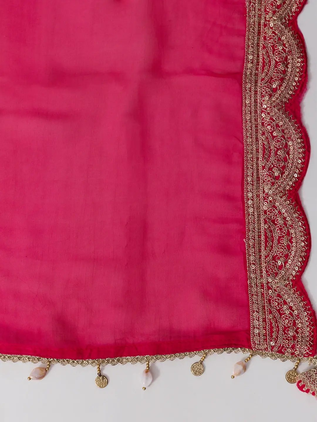 Women's Pink Embellished Scalloped Neck Kurta Pant Set with Ombre Dupatta