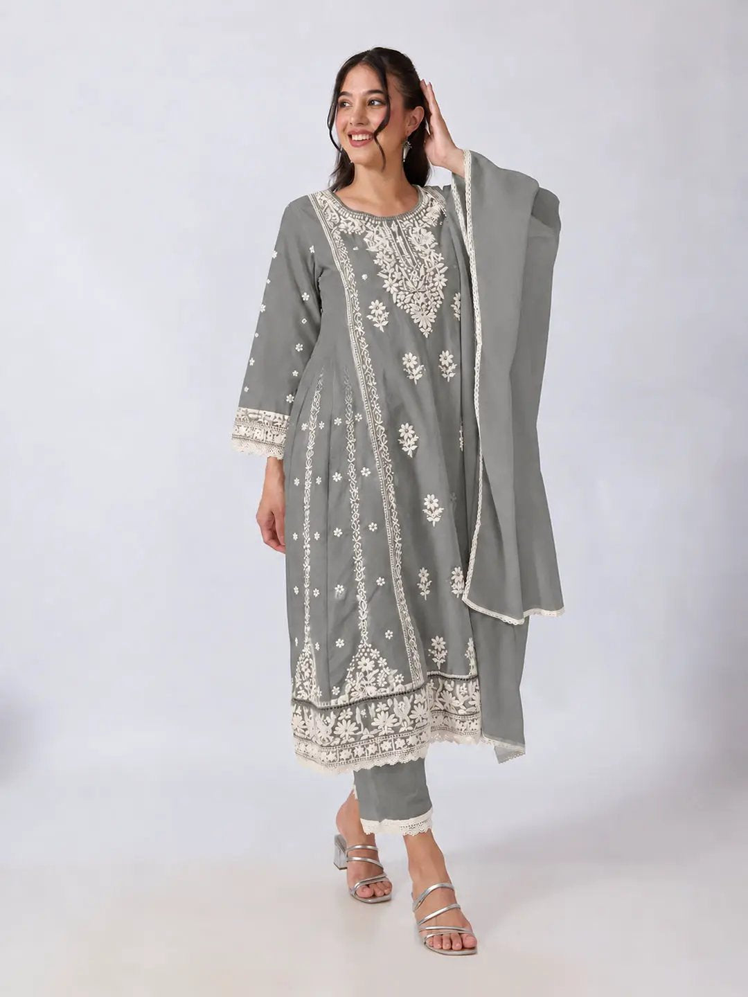 Women's Floral Embroidered Grey Anarkali Kurta Pant Set with Lace Detailing