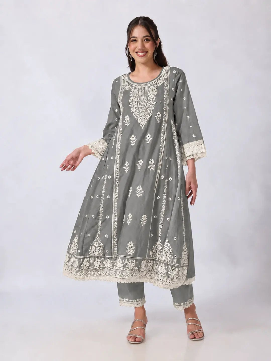 Women's Floral Embroidered Grey Anarkali Kurta Pant Set with Lace Detailing