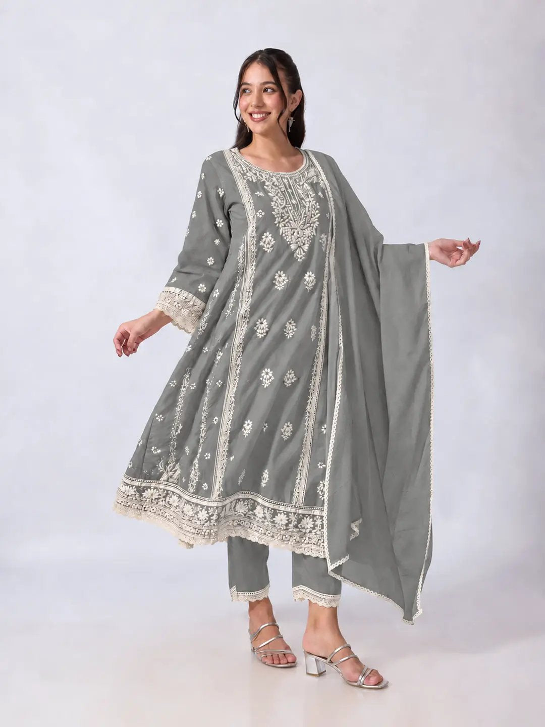 Women's Floral Embroidered Grey Anarkali Kurta Pant Set with Lace Detailing