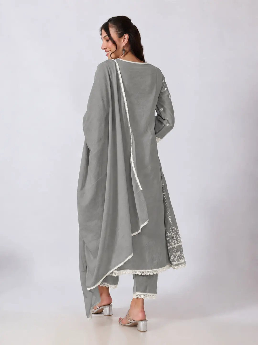 Women's Floral Embroidered Grey Anarkali Kurta Pant Set with Lace Detailing