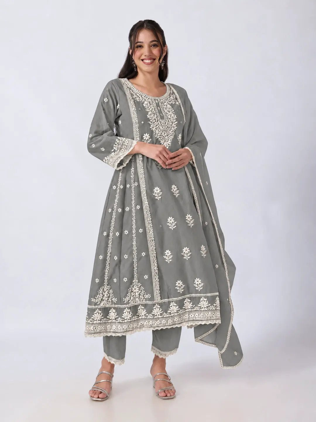 Women's Floral Embroidered Grey Anarkali Kurta Pant Set with Lace Detailing