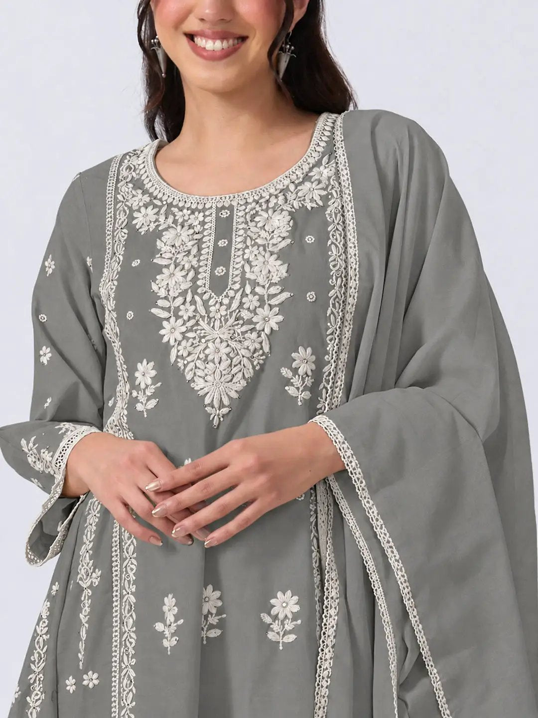 Women's Floral Embroidered Grey Anarkali Kurta Pant Set with Lace Detailing
