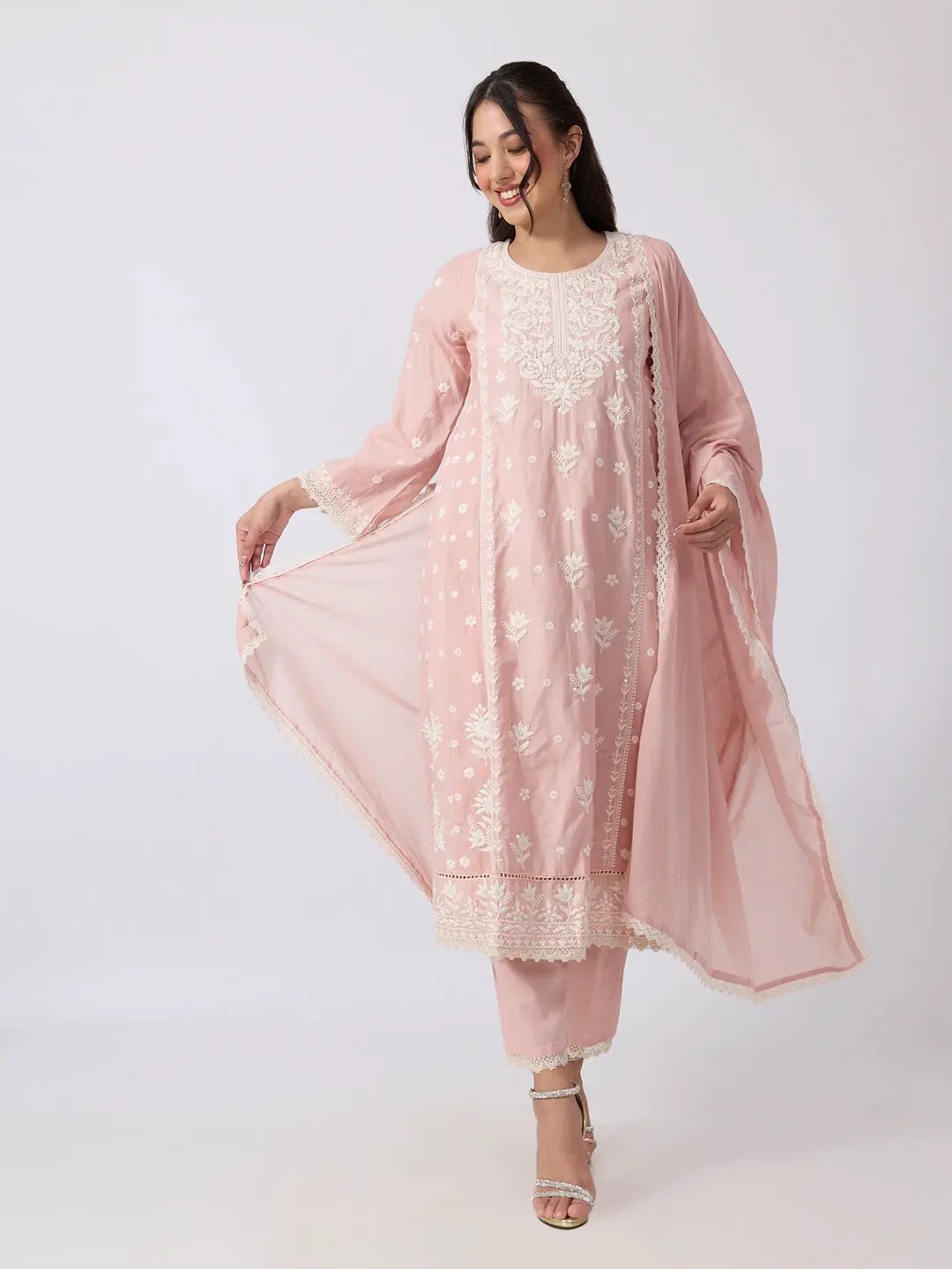 Women's Pink Floral Embroidered Kurta Set With Dupatta