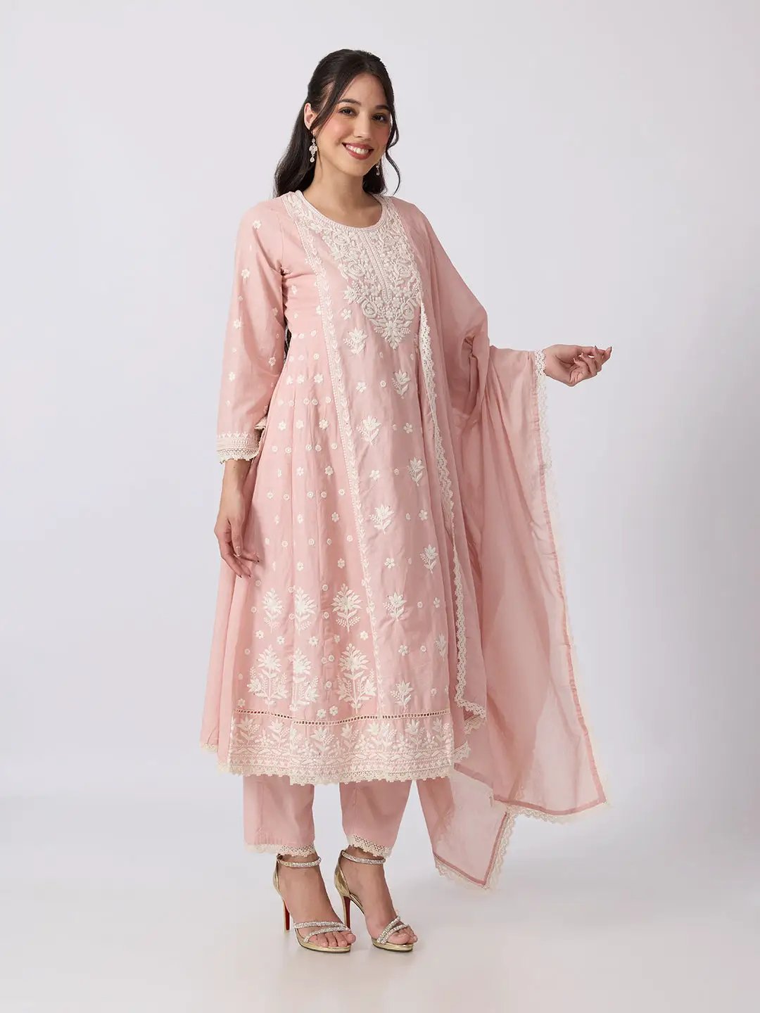 Women's Pink Floral Embroidered Kurta Set With Dupatta