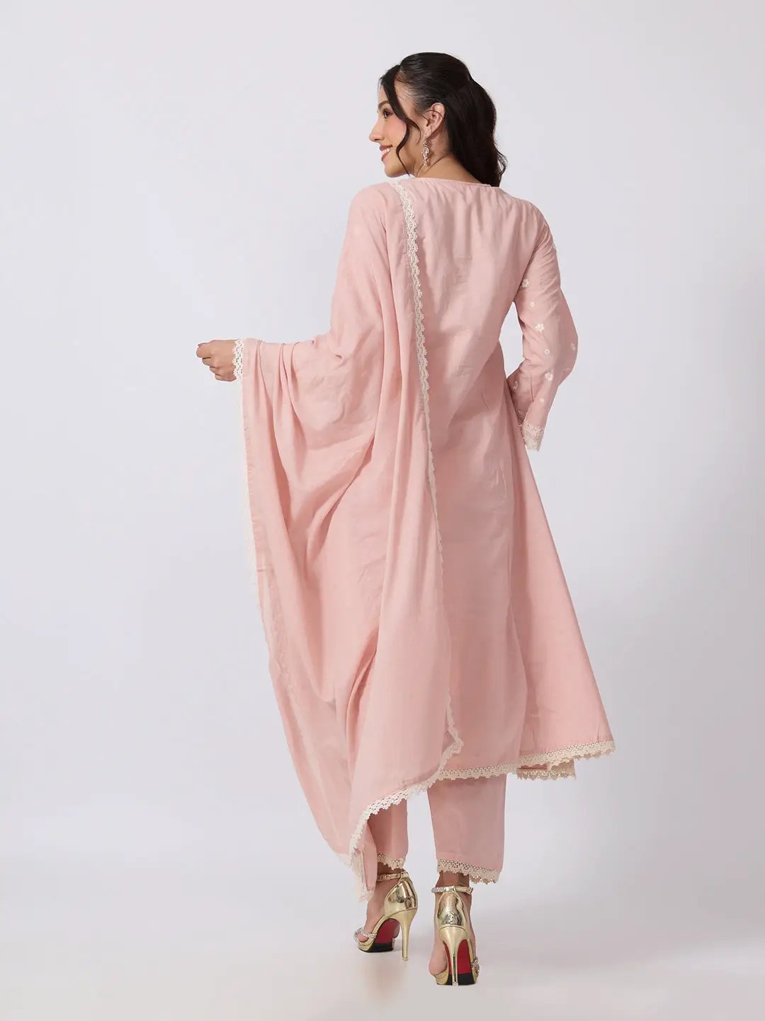 Women's Pink Floral Embroidered Kurta Set With Dupatta