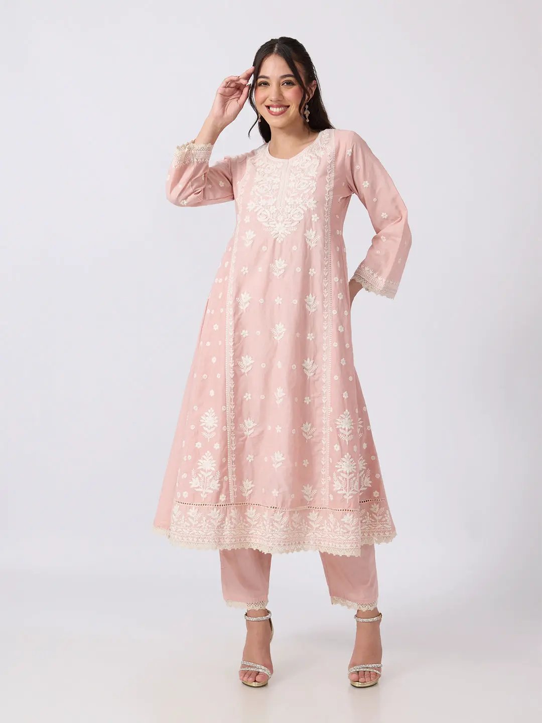 Women's Pink Floral Embroidered Kurta Set With Dupatta