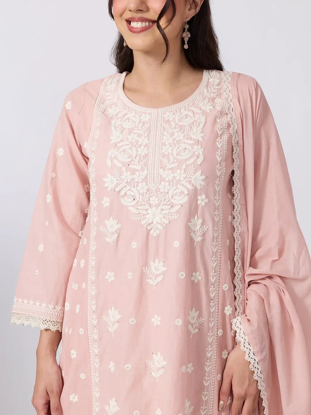 Women's Pink Floral Embroidered Kurta Set With Dupatta