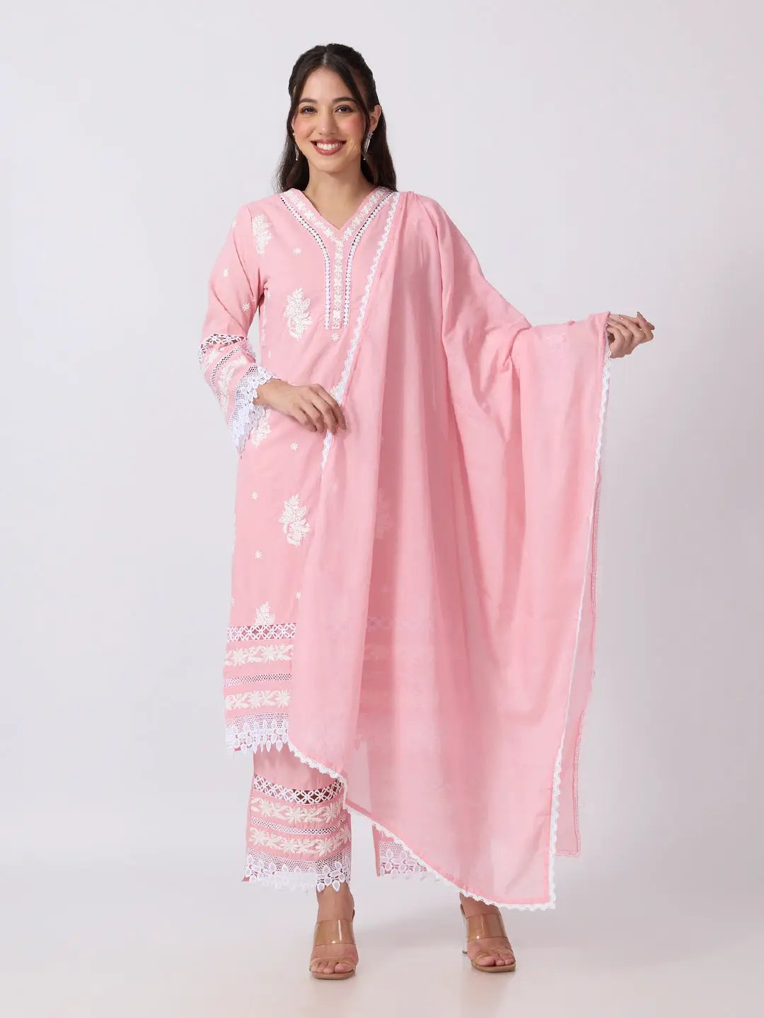 Women's Floral Embroidered Pink Kurta Pant Set with White Lace Detailing
