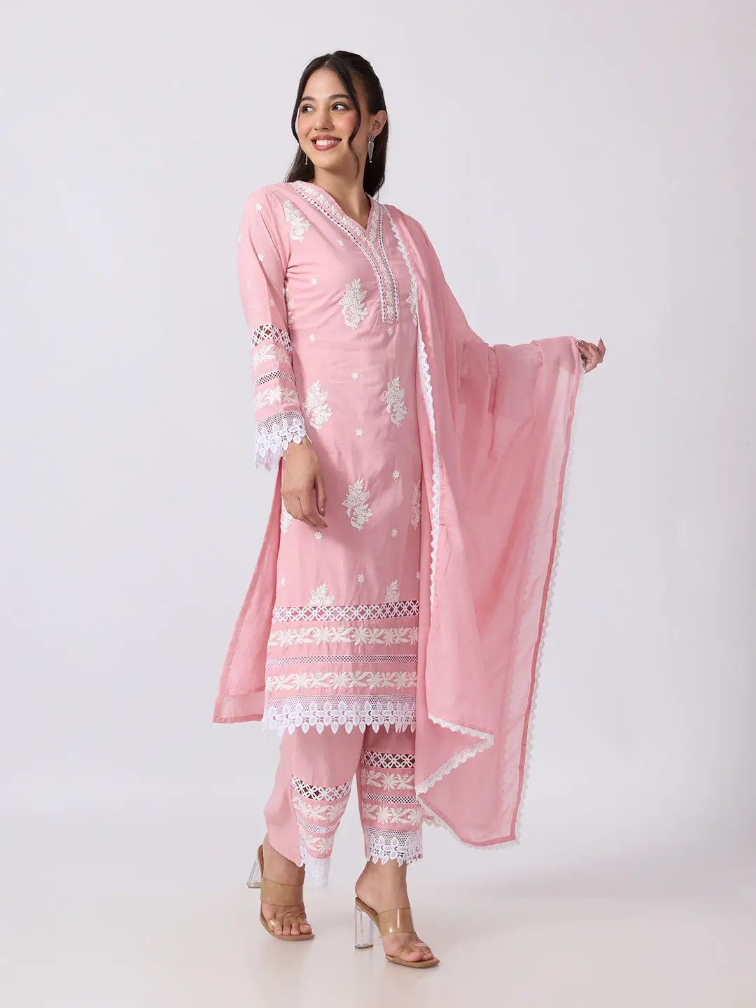 Women's Floral Embroidered Pink Kurta Pant Set with White Lace Detailing